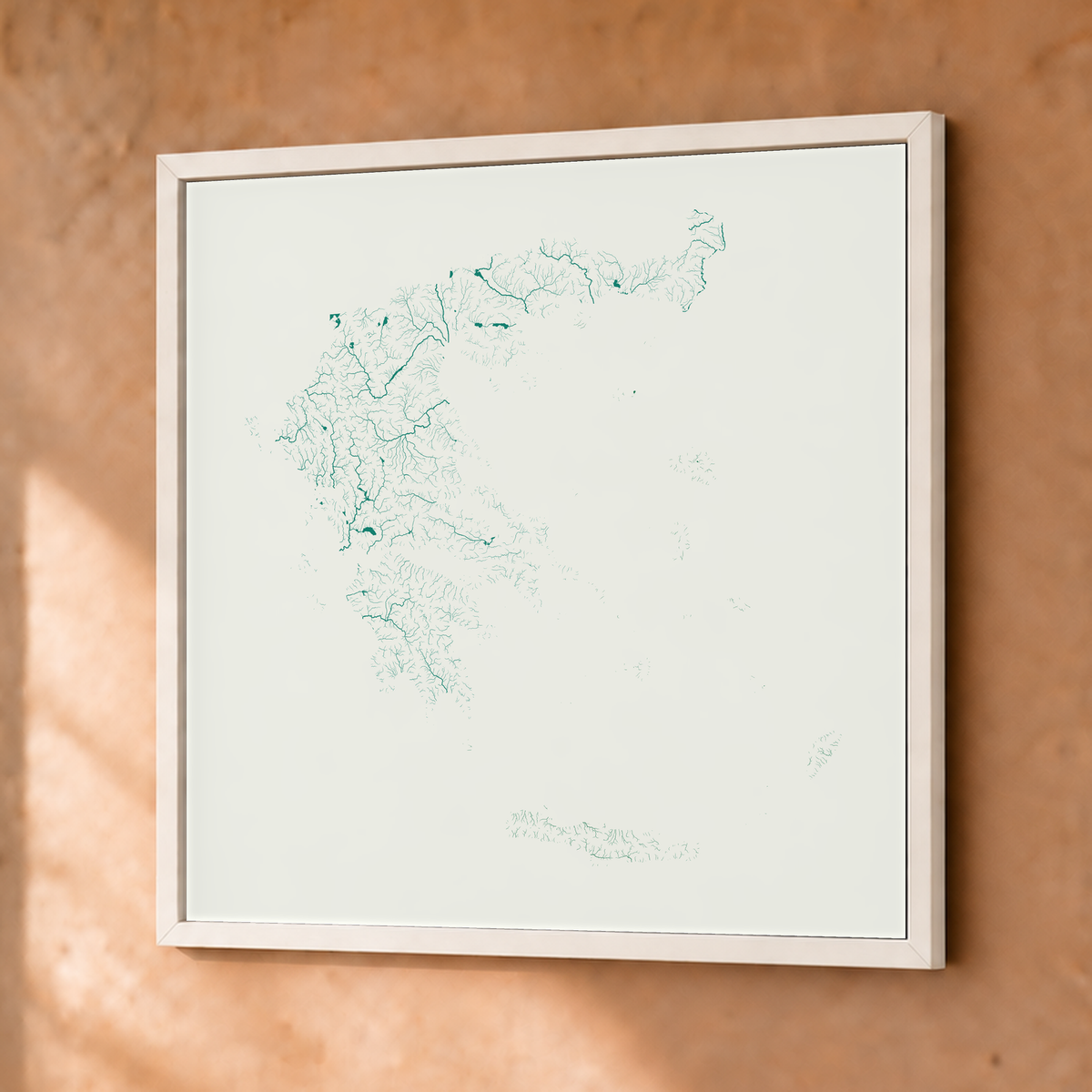 Beautiful Rivers — Grécia — Verde jade e porcelana, Fine art emoldurado · 50 × 50 cm, Branco · Sem margem