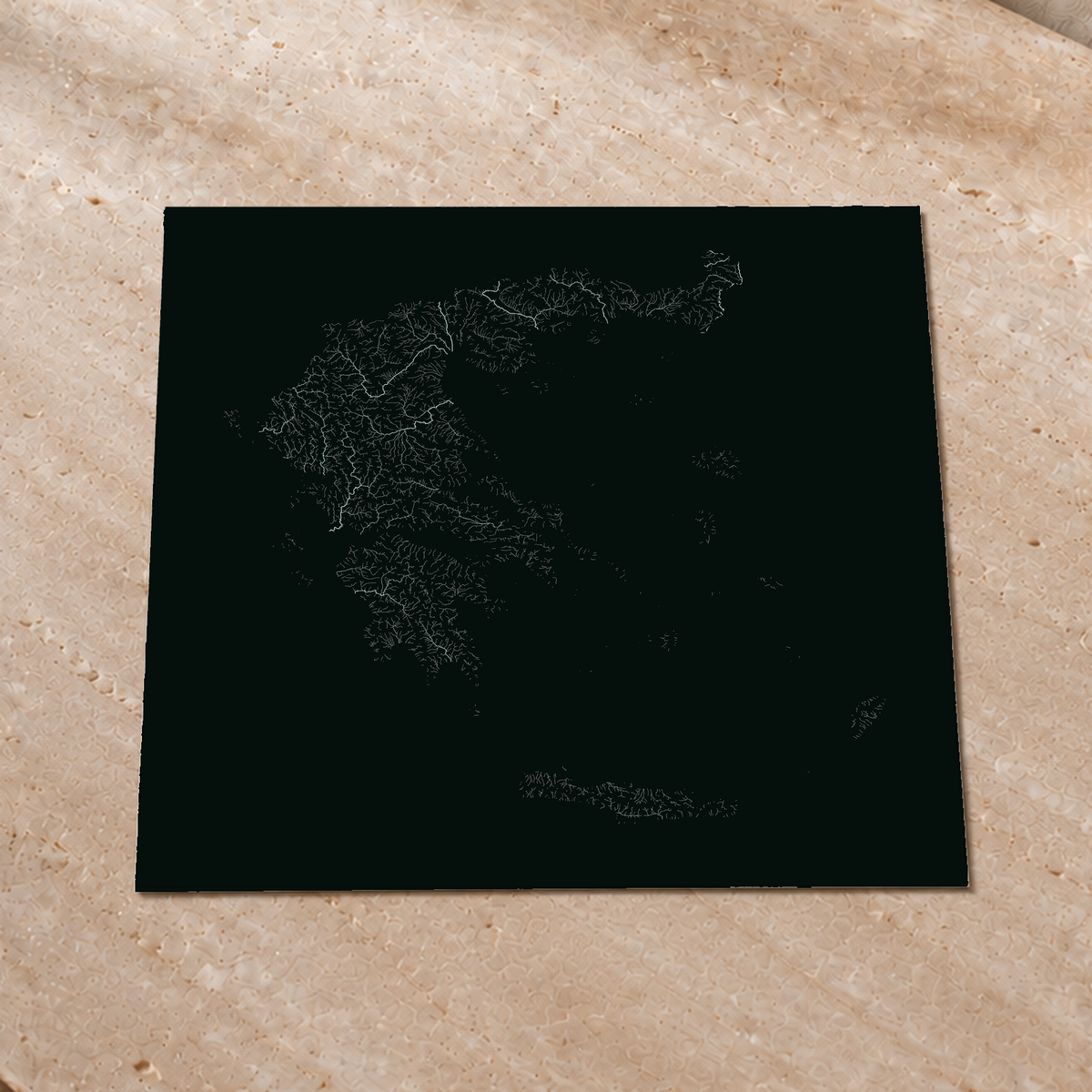 Mapa hidrográfico — Grécia, glow, glow-poster, 76 × 76 cm, num ambiente interior premium