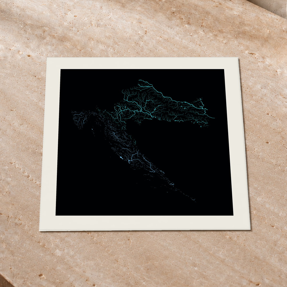 Beautiful Rivers — Croácia — Neon hidrográfico, Impressão fine art · 50 × 50 cm, Margem branca