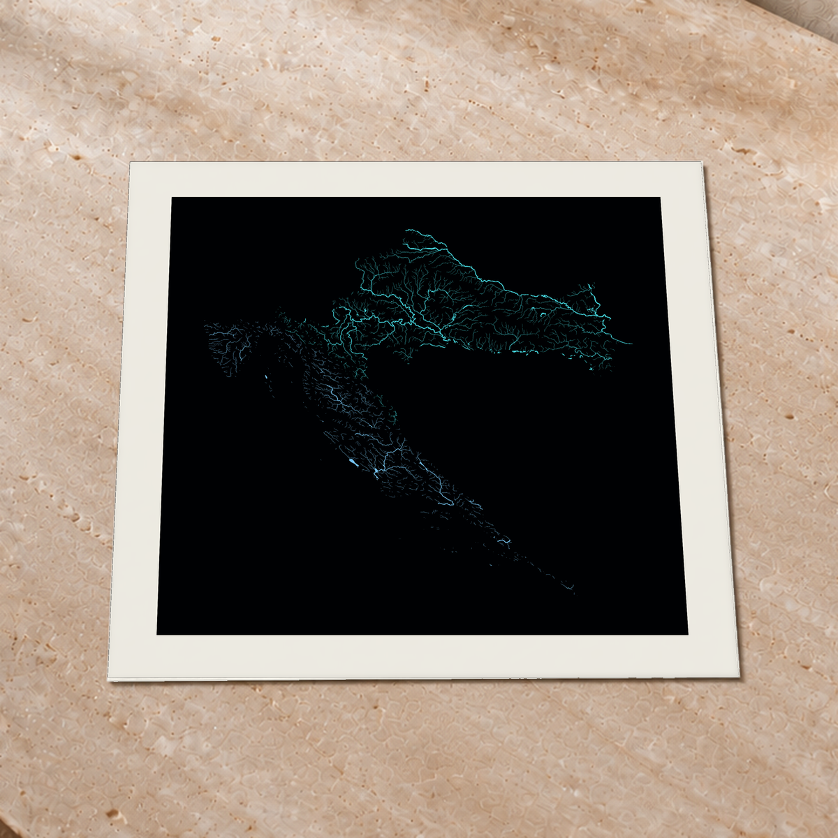 Beautiful Rivers — Croácia — Neon hidrográfico, Impressão fine art · 76 × 76 cm, Margem branca