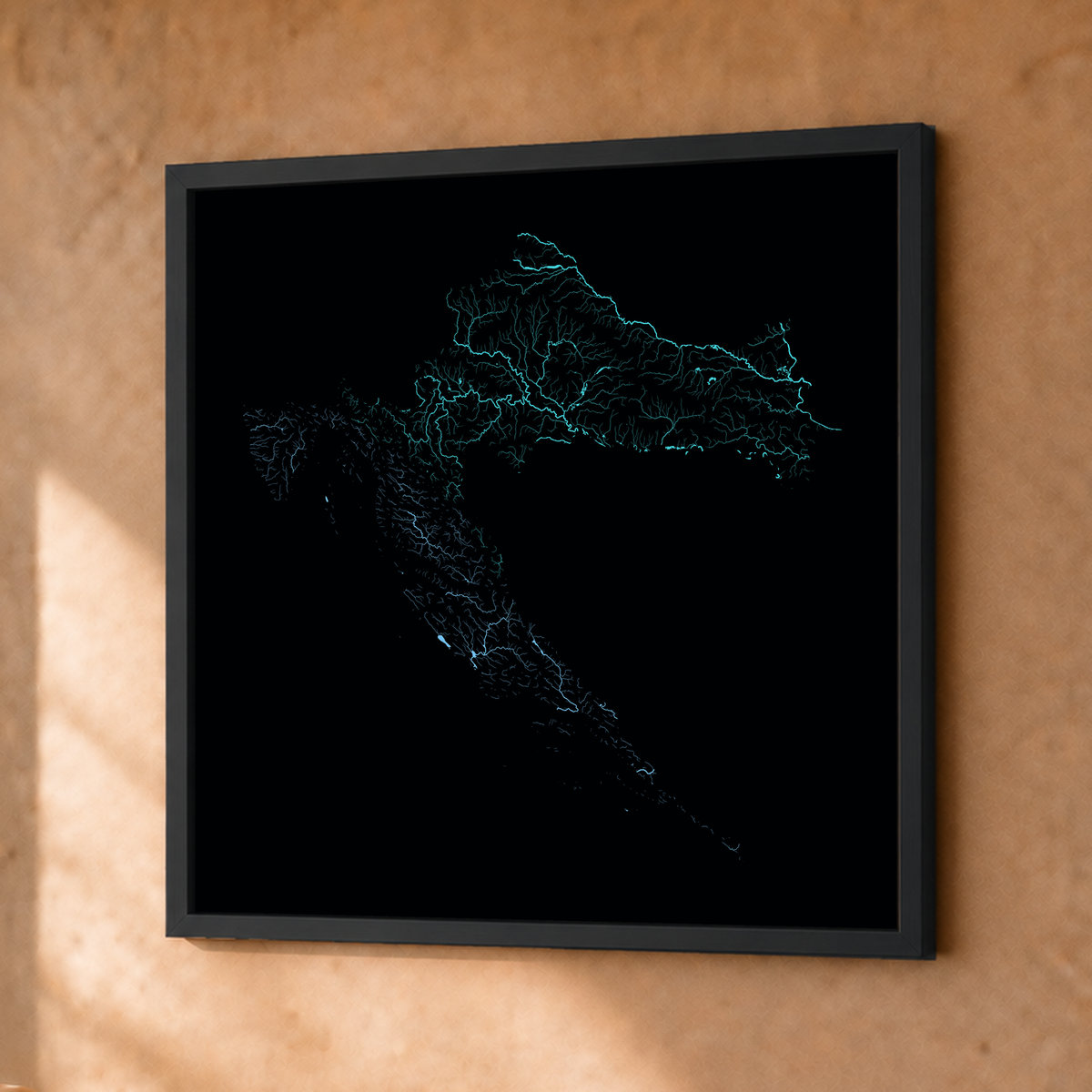 Beautiful Rivers — Croácia — Neon hidrográfico, Fine art emoldurado · 30 × 30 cm, Preto · Sem margem