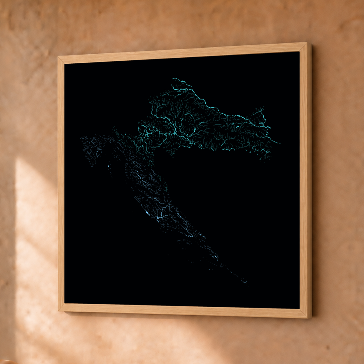 Beautiful Rivers — Croácia — Neon hidrográfico, Fine art emoldurado · 30 × 30 cm, Natural · Sem margem