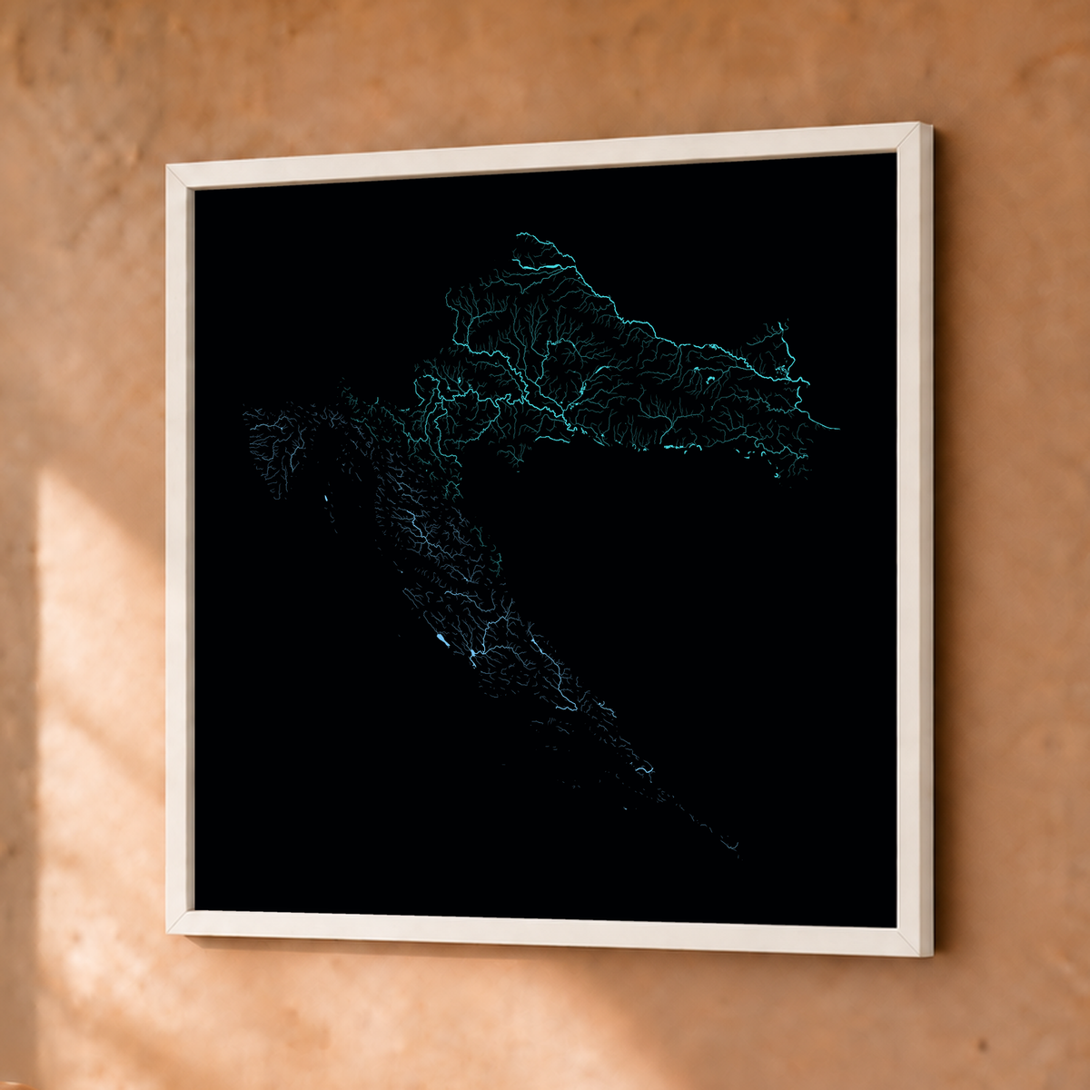 Beautiful Rivers — Croácia — Neon hidrográfico, Fine art emoldurado · 30 × 30 cm, Branco · Sem margem