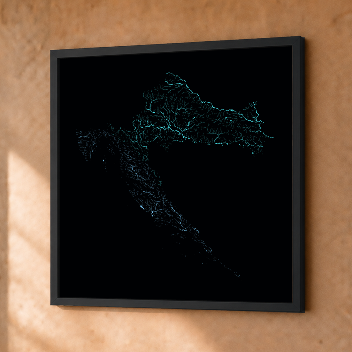 Beautiful Rivers — Croácia — Neon hidrográfico, Fine art emoldurado · 50 × 50 cm, Preto · Sem margem