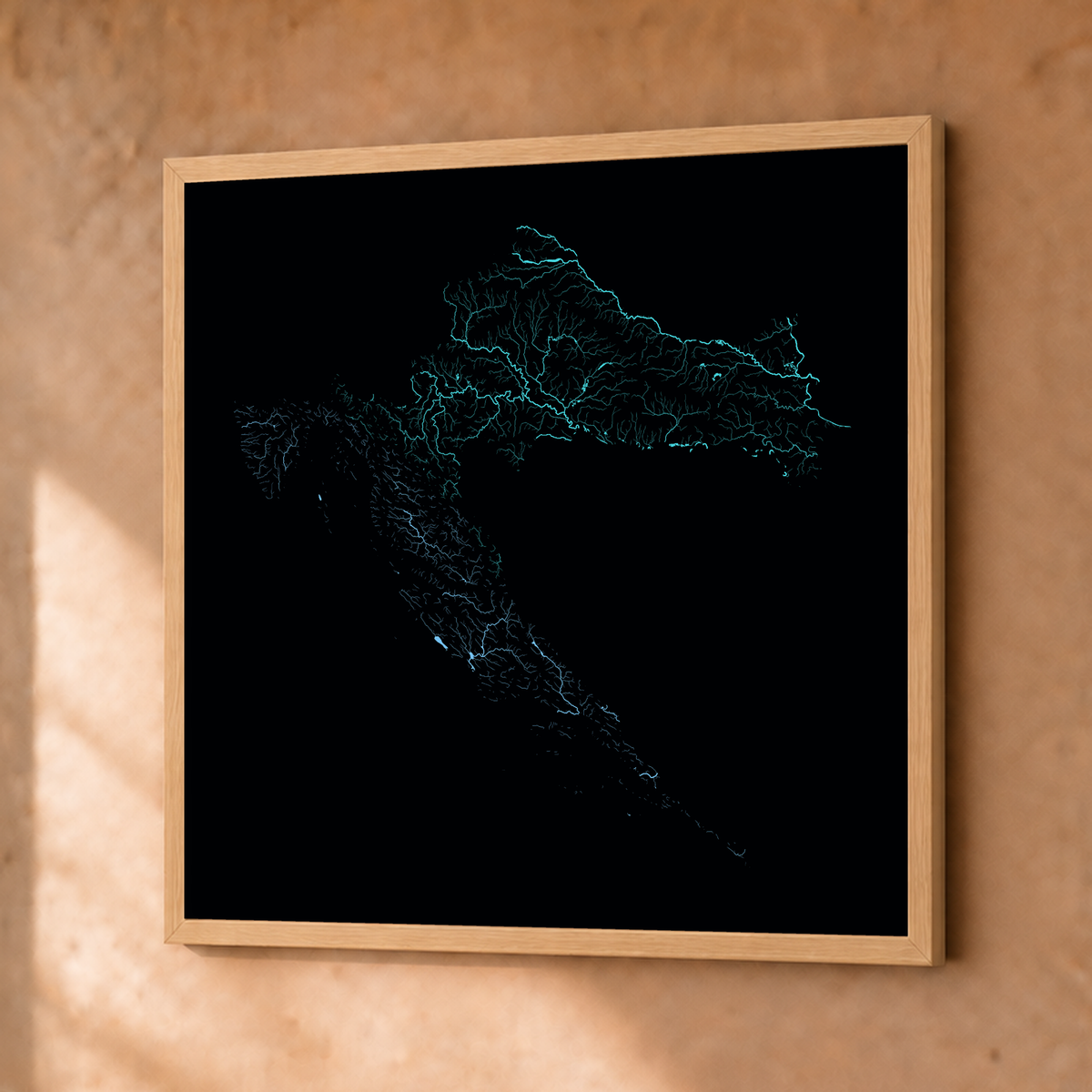 Beautiful Rivers — Croácia — Neon hidrográfico, Fine art emoldurado · 50 × 50 cm, Natural · Sem margem