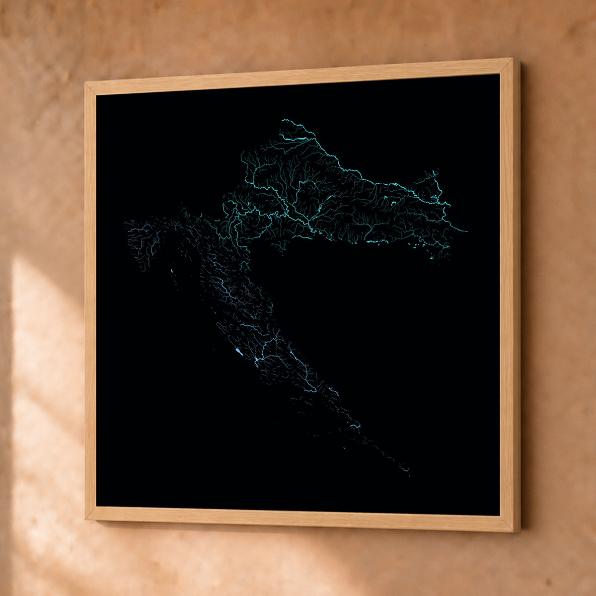 Beautiful Rivers — Croácia — Neon hidrográfico, Fine art emoldurado · 76 × 76 cm, Natural · Sem margem