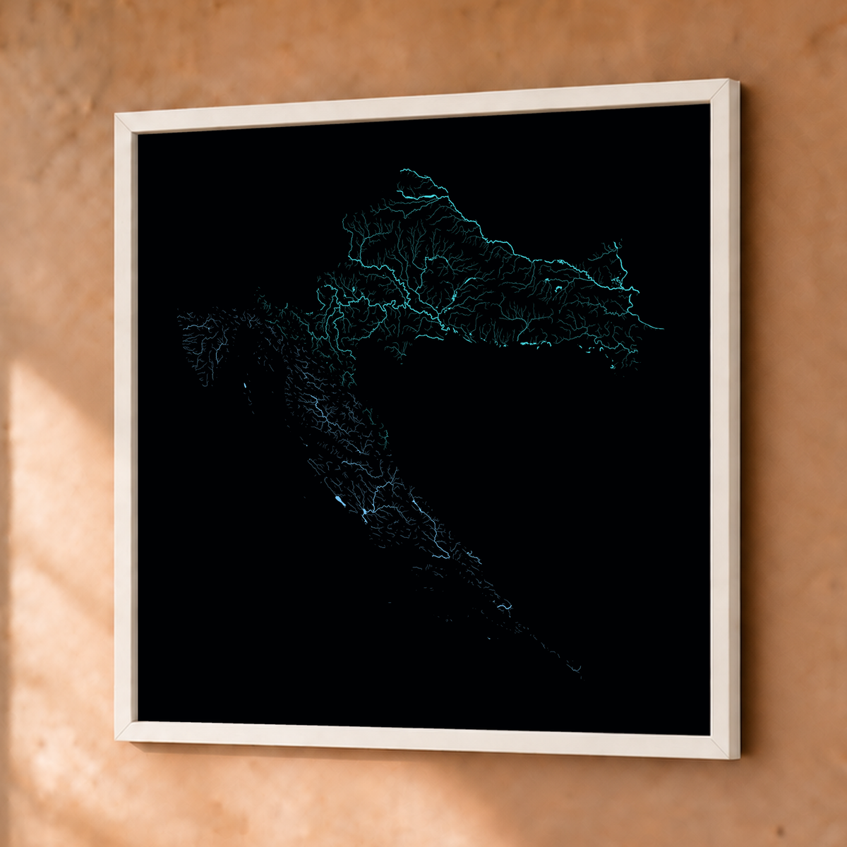 Beautiful Rivers — Croácia — Neon hidrográfico, Fine art emoldurado · 76 × 76 cm, Branco · Sem margem
