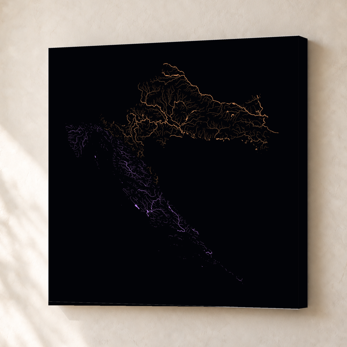 Beautiful Rivers — Croácia — Neon por território, Canvas · 50 × 50 cm, Sem margem