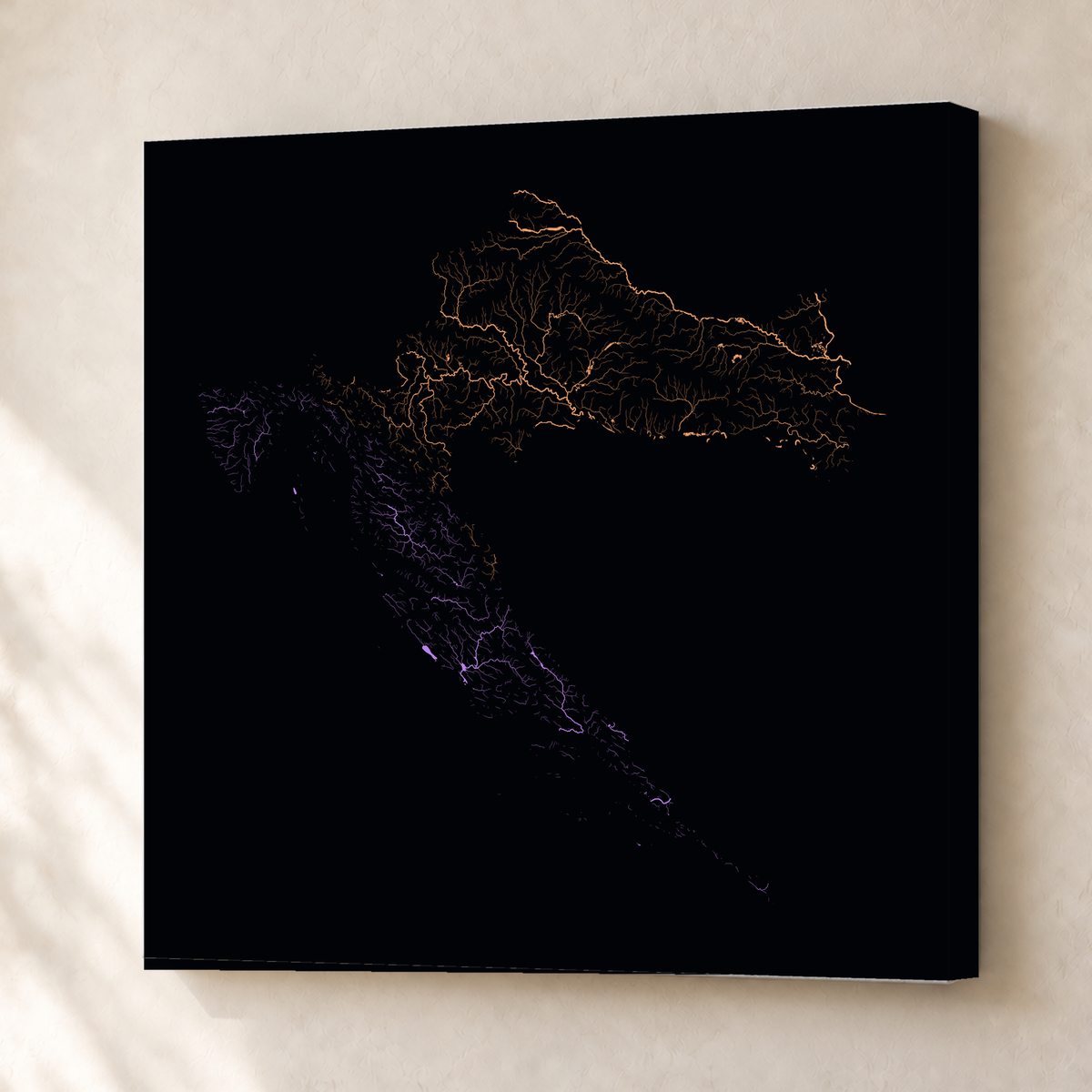Beautiful Rivers — Croácia — Neon por território, Canvas · 76 × 76 cm, Sem margem