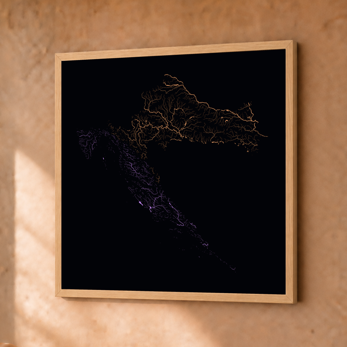 Beautiful Rivers — Croácia — Neon por território, Fine art emoldurado · 30 × 30 cm, Natural · Sem margem