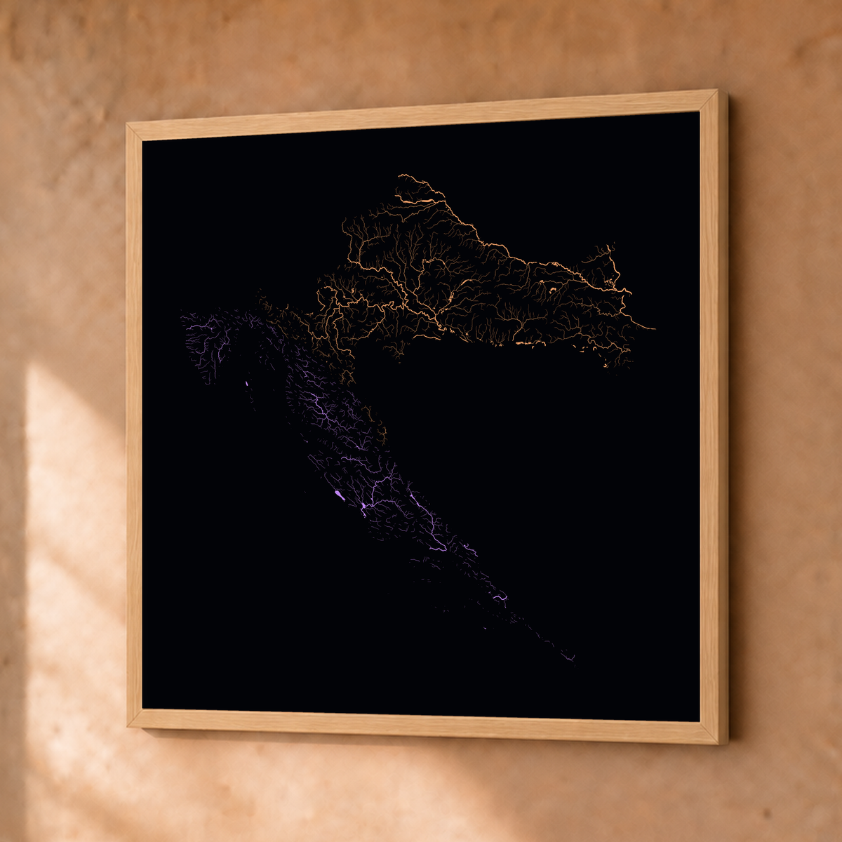 Beautiful Rivers — Croácia — Neon por território, Fine art emoldurado · 50 × 50 cm, Natural · Sem margem