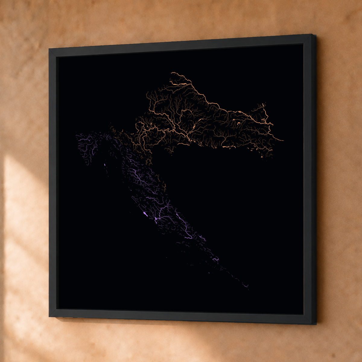 Beautiful Rivers — Croácia — Neon por território, Fine art emoldurado · 76 × 76 cm, Preto · Sem margem