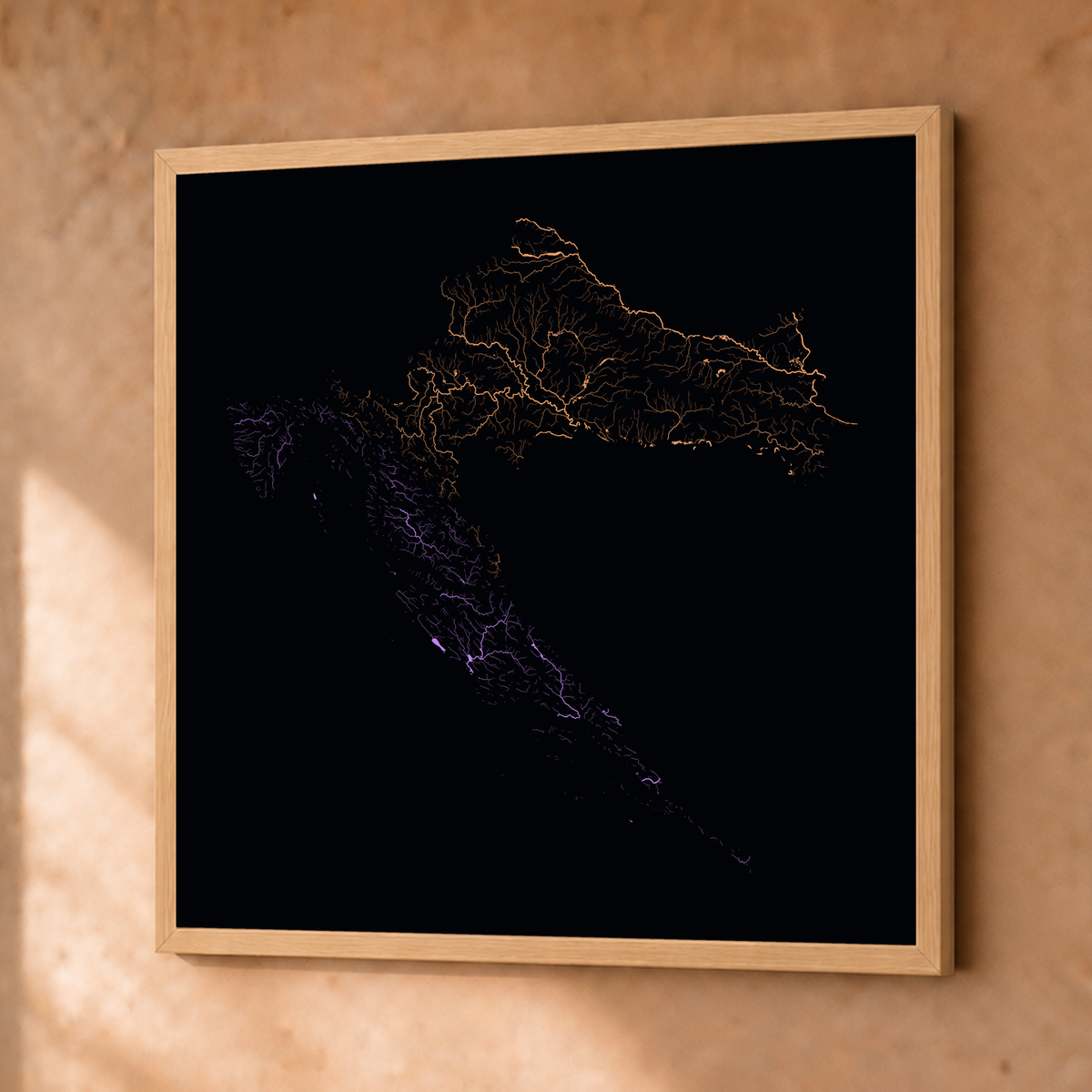Beautiful Rivers — Croácia — Neon por território, Fine art emoldurado · 76 × 76 cm, Natural · Sem margem