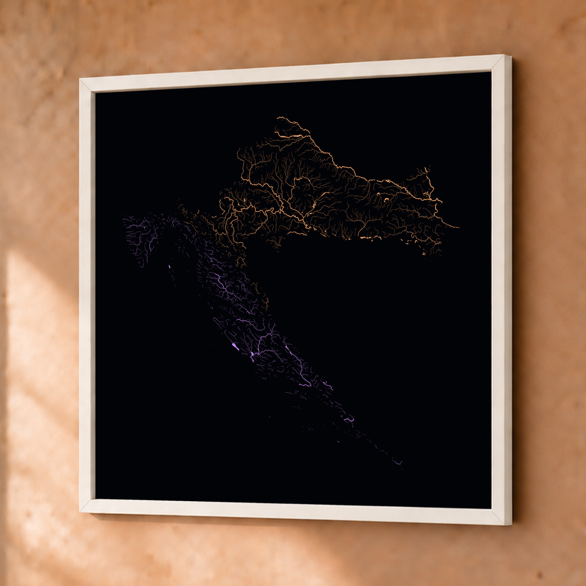 Beautiful Rivers — Croácia — Neon por território, Fine art emoldurado · 76 × 76 cm, Branco · Sem margem