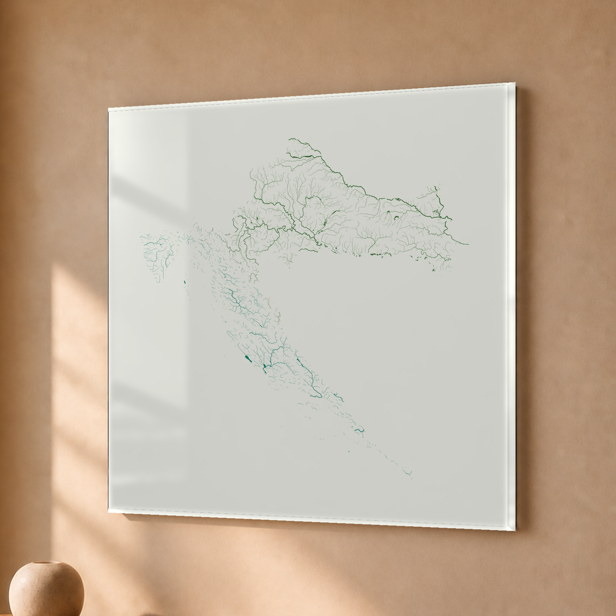 Beautiful Rivers — Croácia — Verde jade e porcelana, Acrílico · 30 × 30 cm, Sem margem