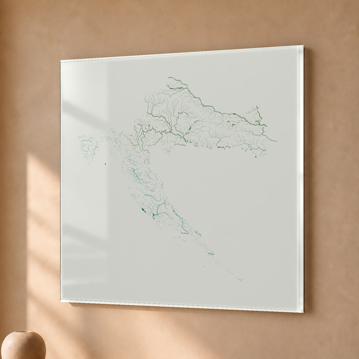 Beautiful Rivers — Croácia — Verde jade e porcelana, Acrílico · 50 × 50 cm, Sem margem