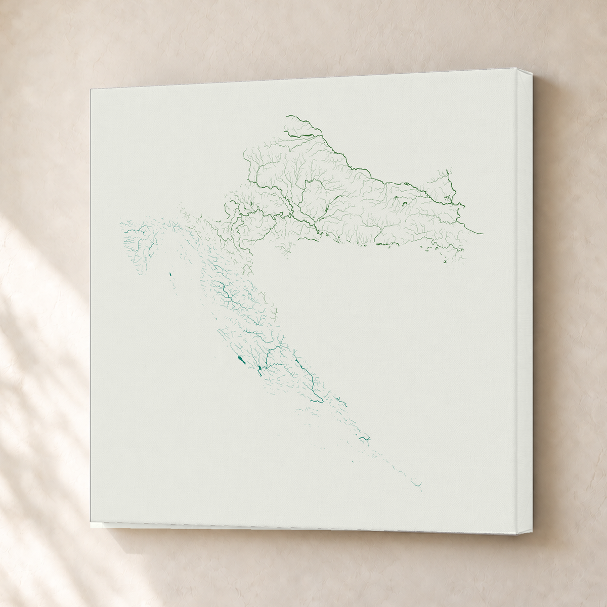 Beautiful Rivers — Croácia — Verde jade e porcelana, Canvas · 30 × 30 cm, Sem margem