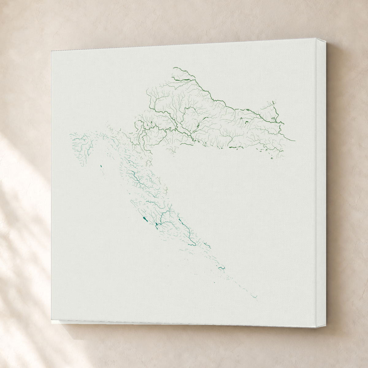 Beautiful Rivers — Croácia — Verde jade e porcelana, Canvas · 50 × 50 cm, Sem margem