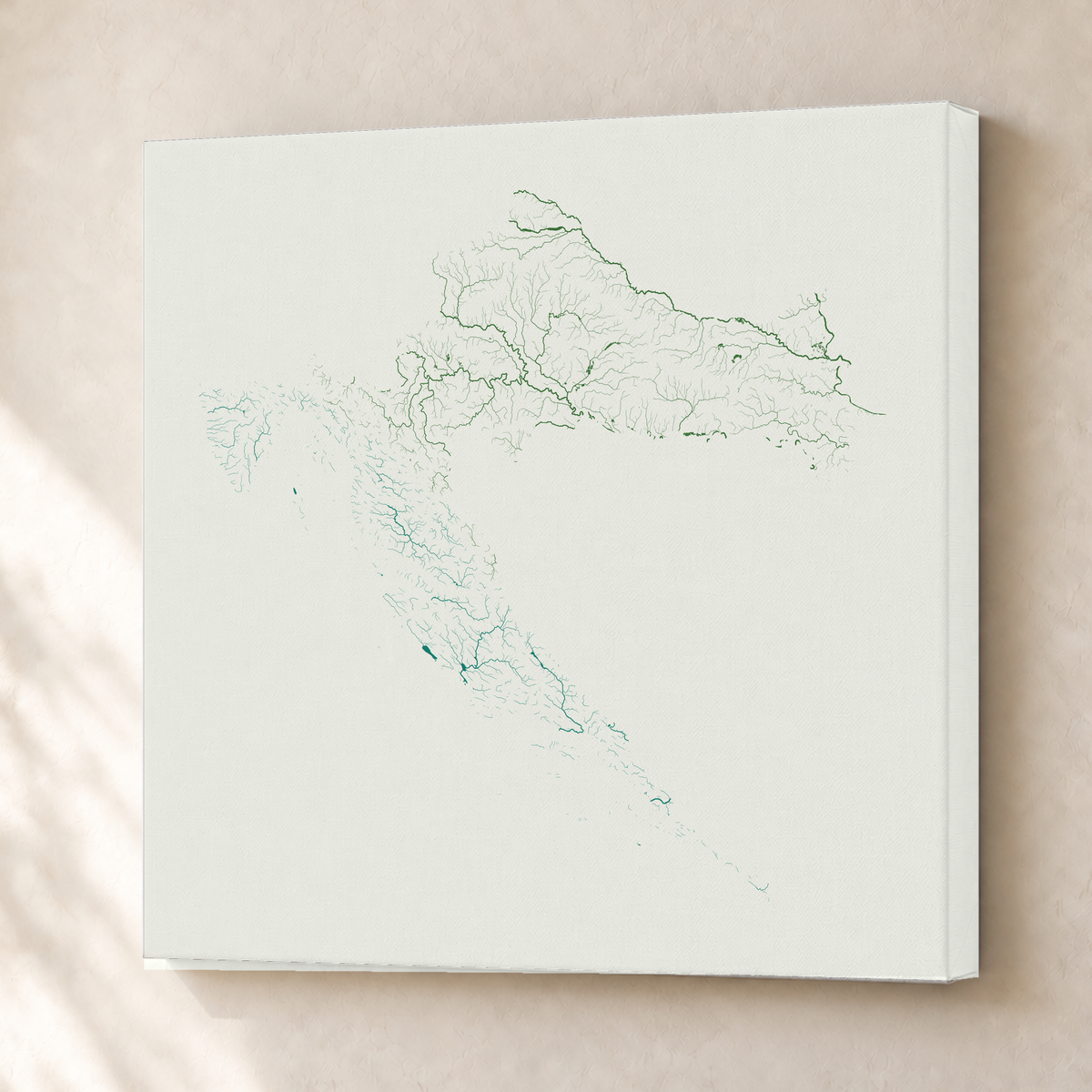 Beautiful Rivers — Croácia — Verde jade e porcelana, Canvas · 76 × 76 cm, Sem margem