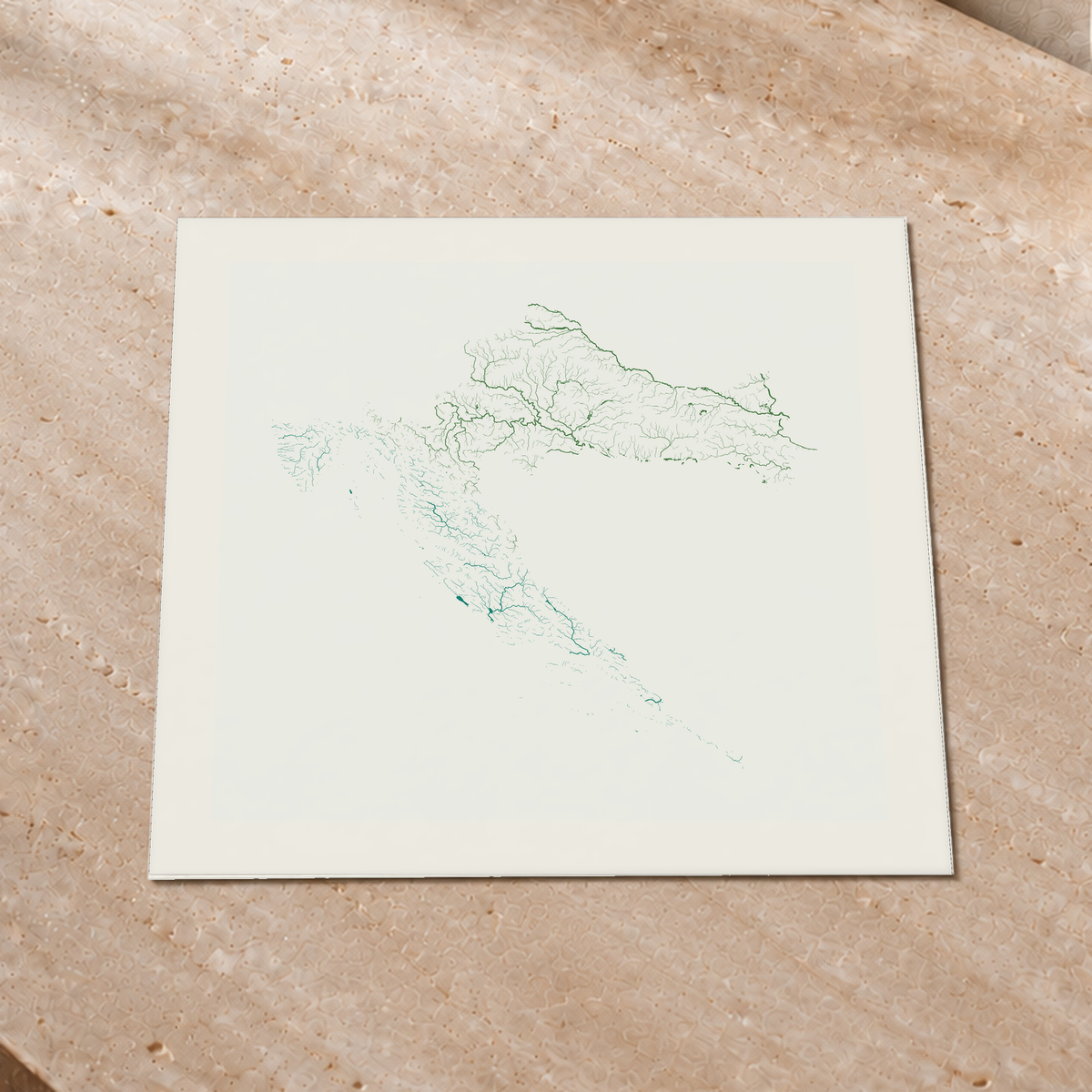 Beautiful Rivers — Croácia — Verde jade e porcelana, Impressão fine art · 50 × 50 cm, Margem branca
