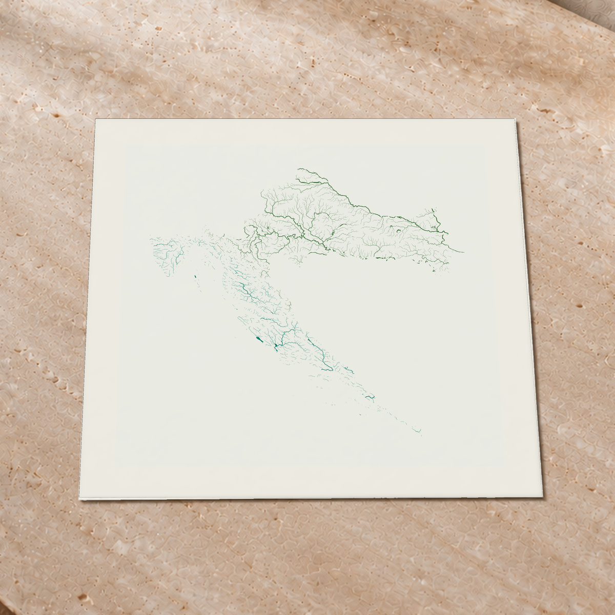 Beautiful Rivers — Croácia — Verde jade e porcelana, Impressão fine art · 76 × 76 cm, Margem branca
