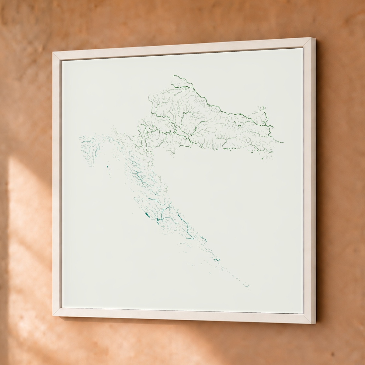 Beautiful Rivers — Croácia — Verde jade e porcelana, Fine art emoldurado · 50 × 50 cm, Branco · Sem margem