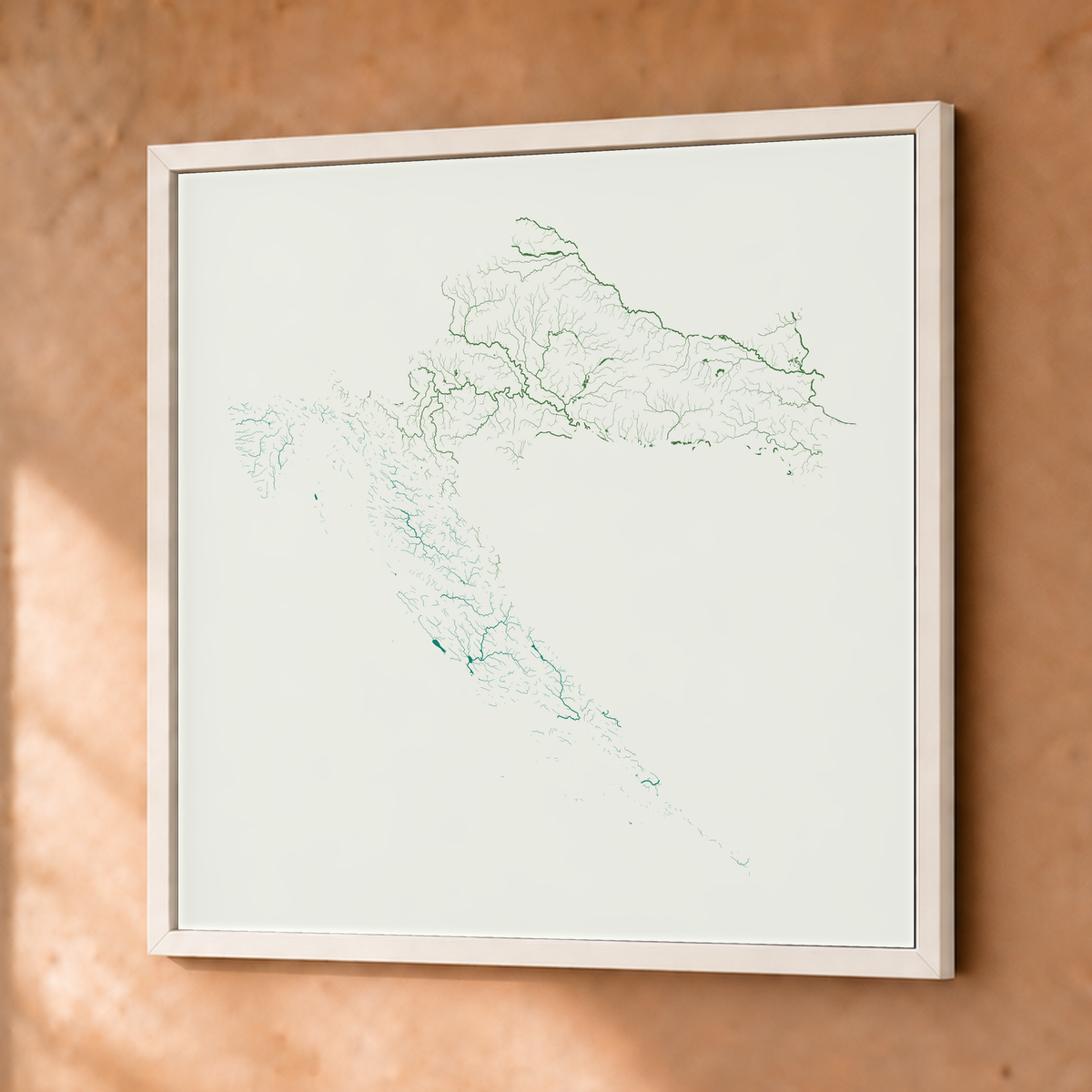 Beautiful Rivers — Croácia — Verde jade e porcelana, Fine art emoldurado · 76 × 76 cm, Branco · Sem margem