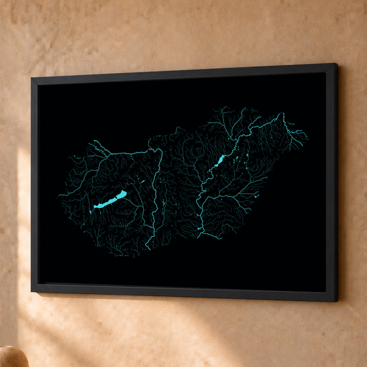 Beautiful Rivers — Hungria — Neon hidrográfico, Fine art emoldurado · 30 × 40 cm, Preto · Sem margem