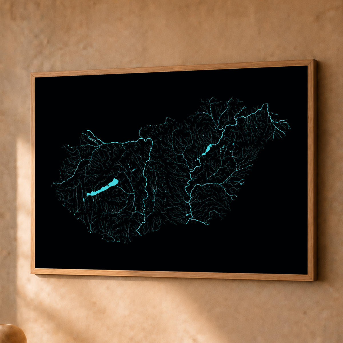 Beautiful Rivers — Hungria — Neon hidrográfico, Fine art emoldurado · 45 × 60 cm, Natural · Sem margem