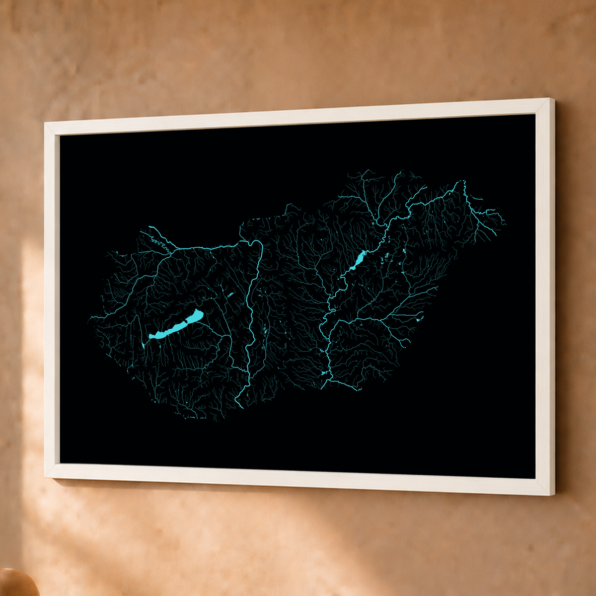 Beautiful Rivers — Hungria — Neon hidrográfico, Fine art emoldurado · 45 × 60 cm, Branco · Sem margem