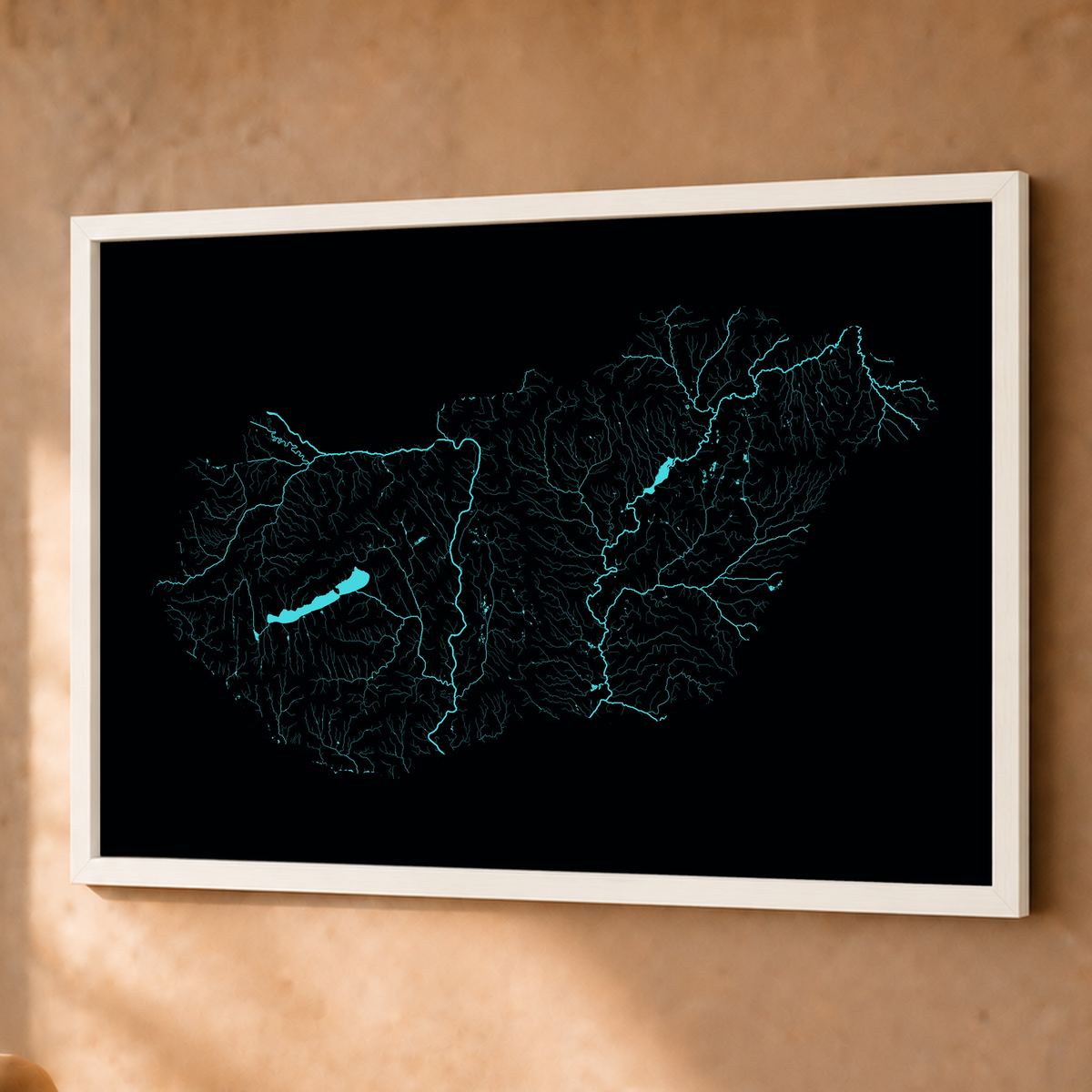 Beautiful Rivers — Hungria — Neon hidrográfico, Fine art emoldurado · 60 × 80 cm, Branco · Sem margem