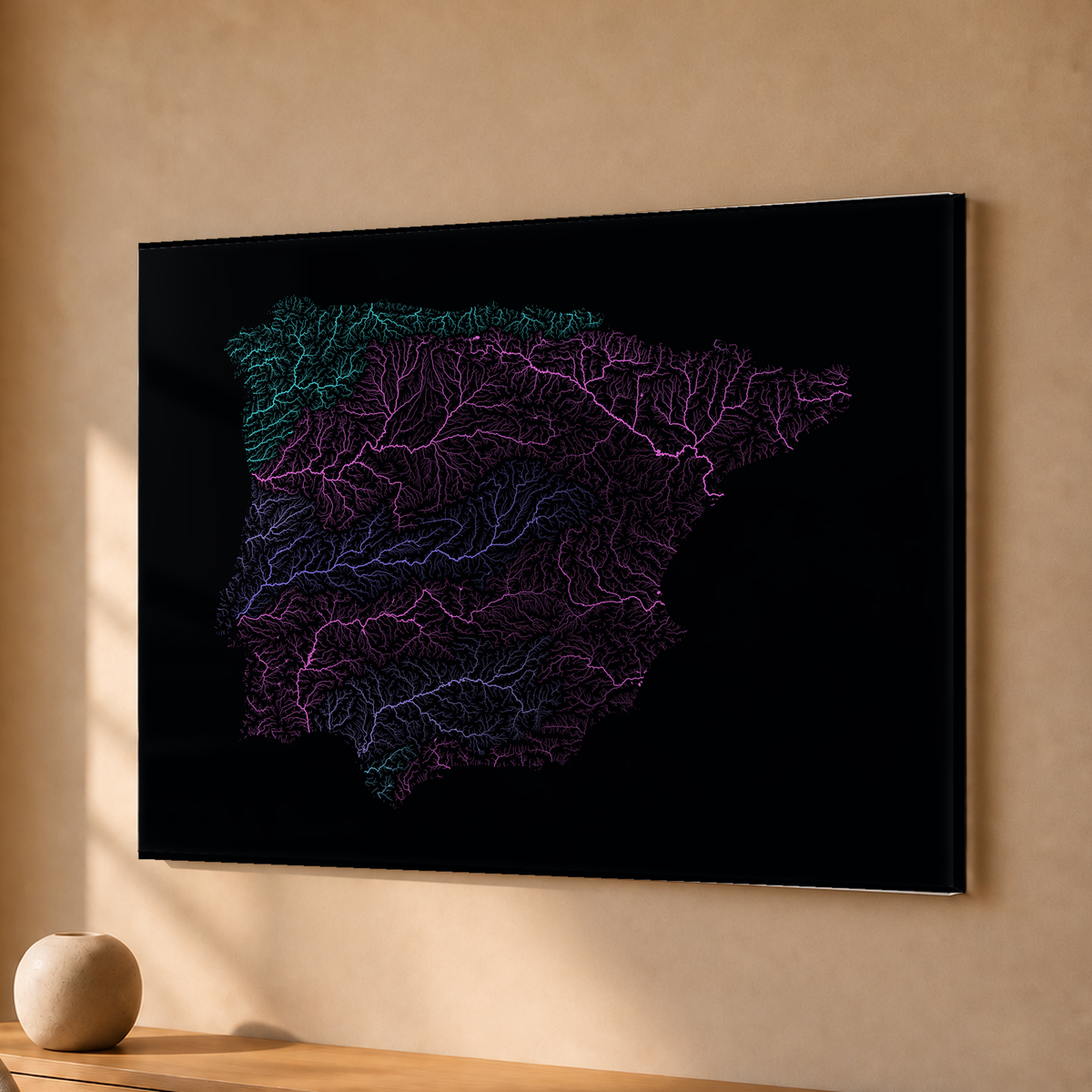 Beautiful Rivers — Península Ibérica — Neon hidrográfico, Acrílico · 30 × 40 cm, Sem margem