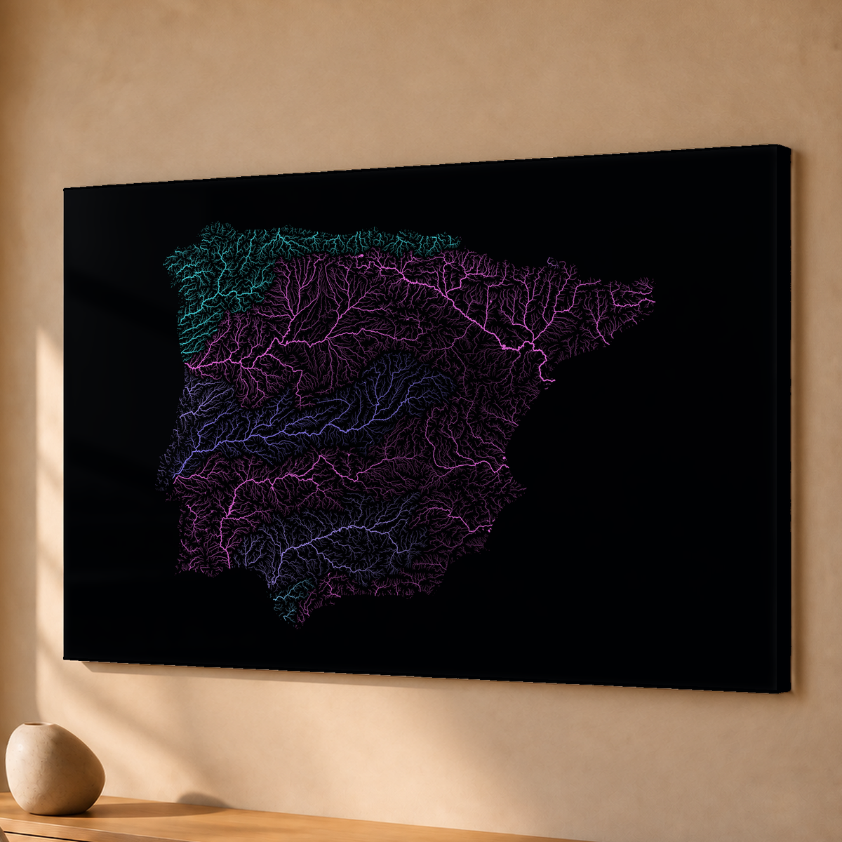 Beautiful Rivers — Península Ibérica — Neon hidrográfico, Acrílico · 40 × 60 cm, Sem margem