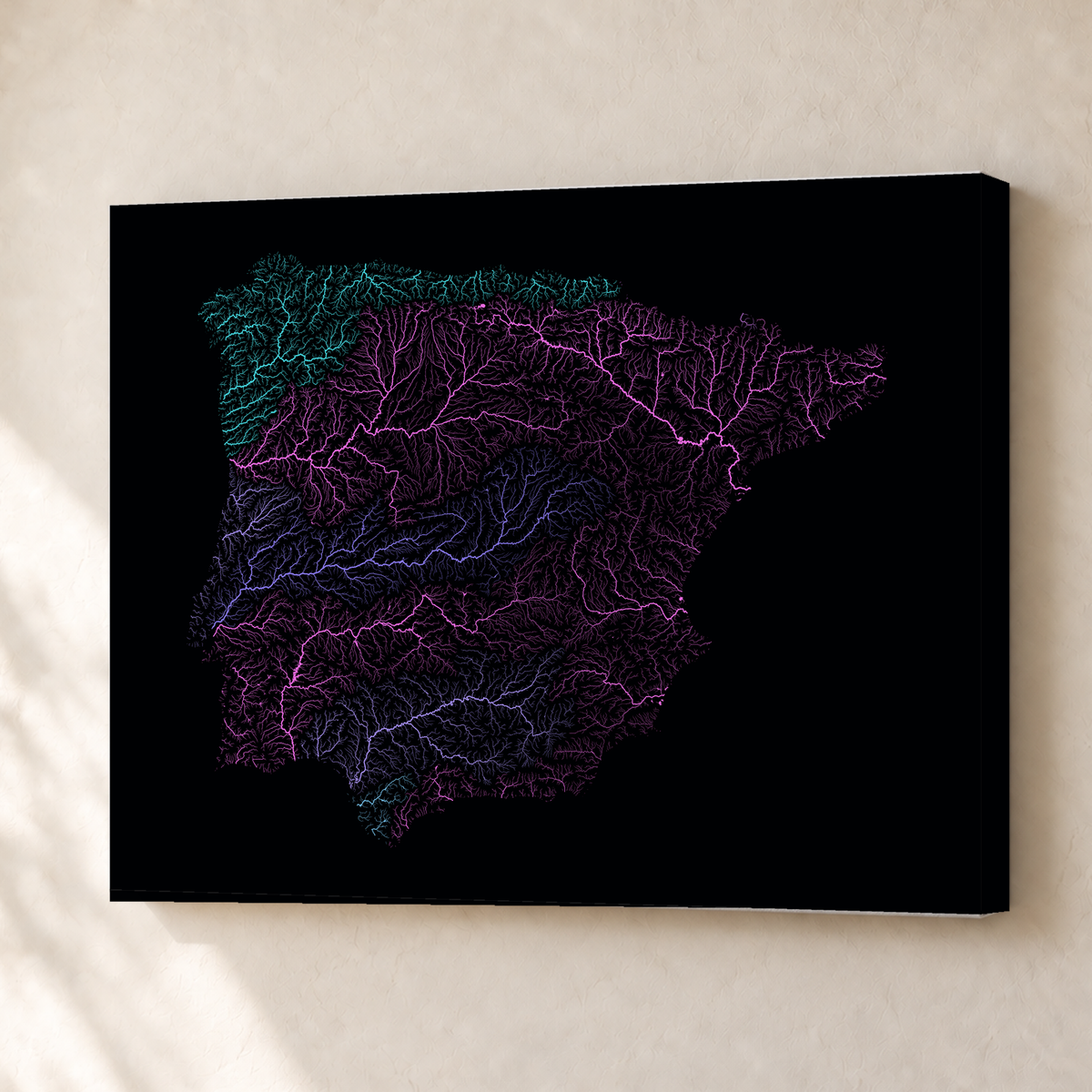 Beautiful Rivers — Península Ibérica — Neon hidrográfico, Canvas · 30 × 40 cm, Sem margem
