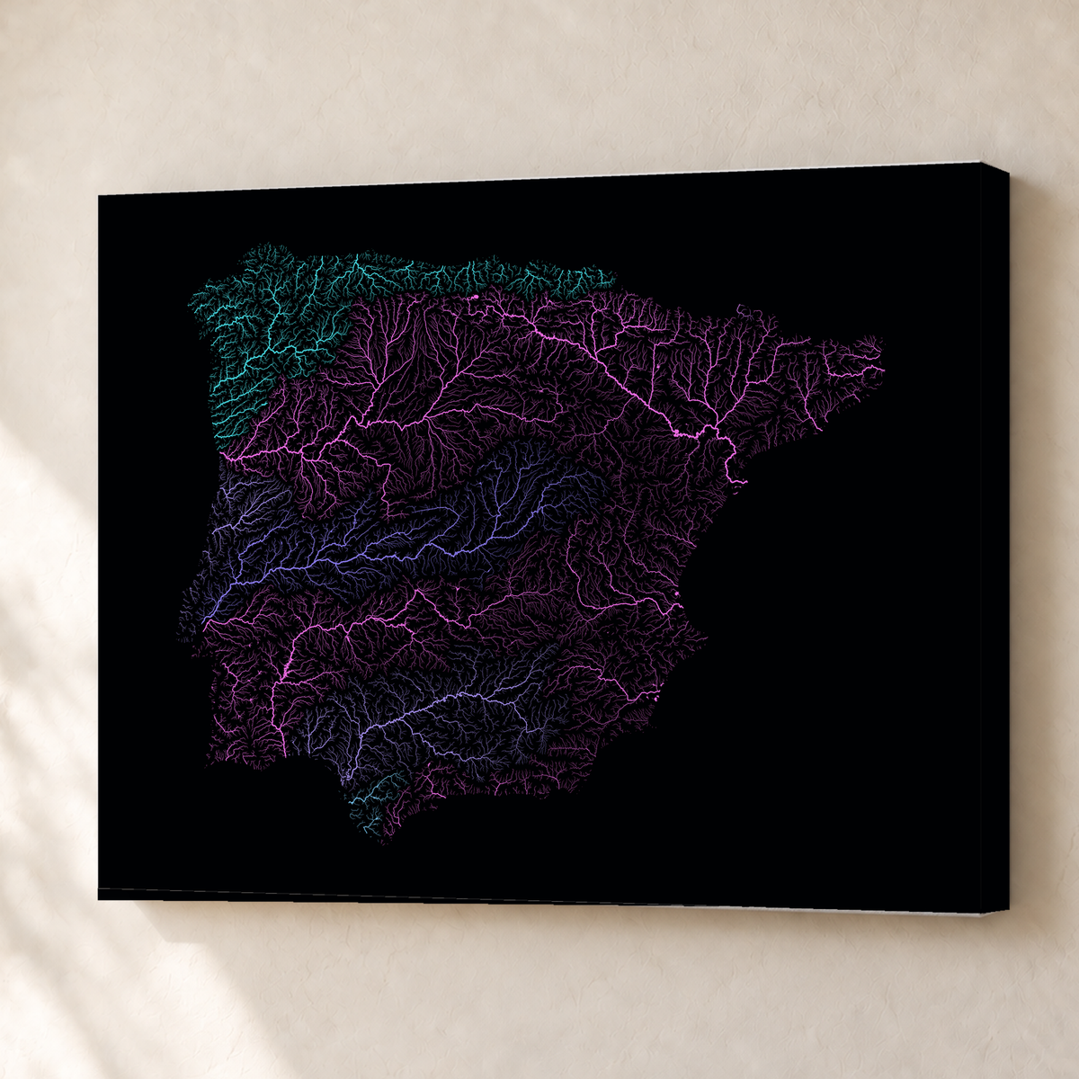Beautiful Rivers — Península Ibérica — Neon hidrográfico, Canvas · 45 × 60 cm, Sem margem