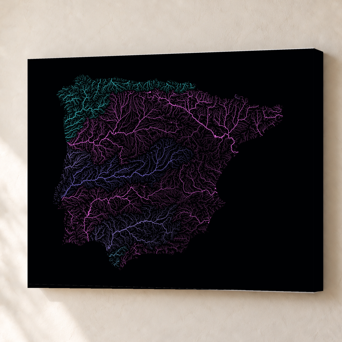 Beautiful Rivers — Península Ibérica — Neon hidrográfico, Canvas · 60 × 80 cm, Sem margem