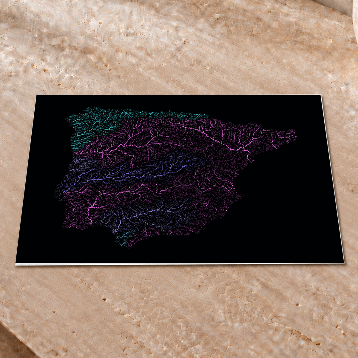 Beautiful Rivers — Península Ibérica — Neon hidrográfico, Impressão fine art · 30 × 40 cm, Sem margem