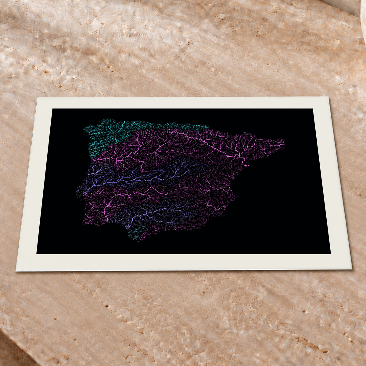 Beautiful Rivers — Península Ibérica — Neon hidrográfico, Impressão fine art · 30 × 40 cm, Margem branca
