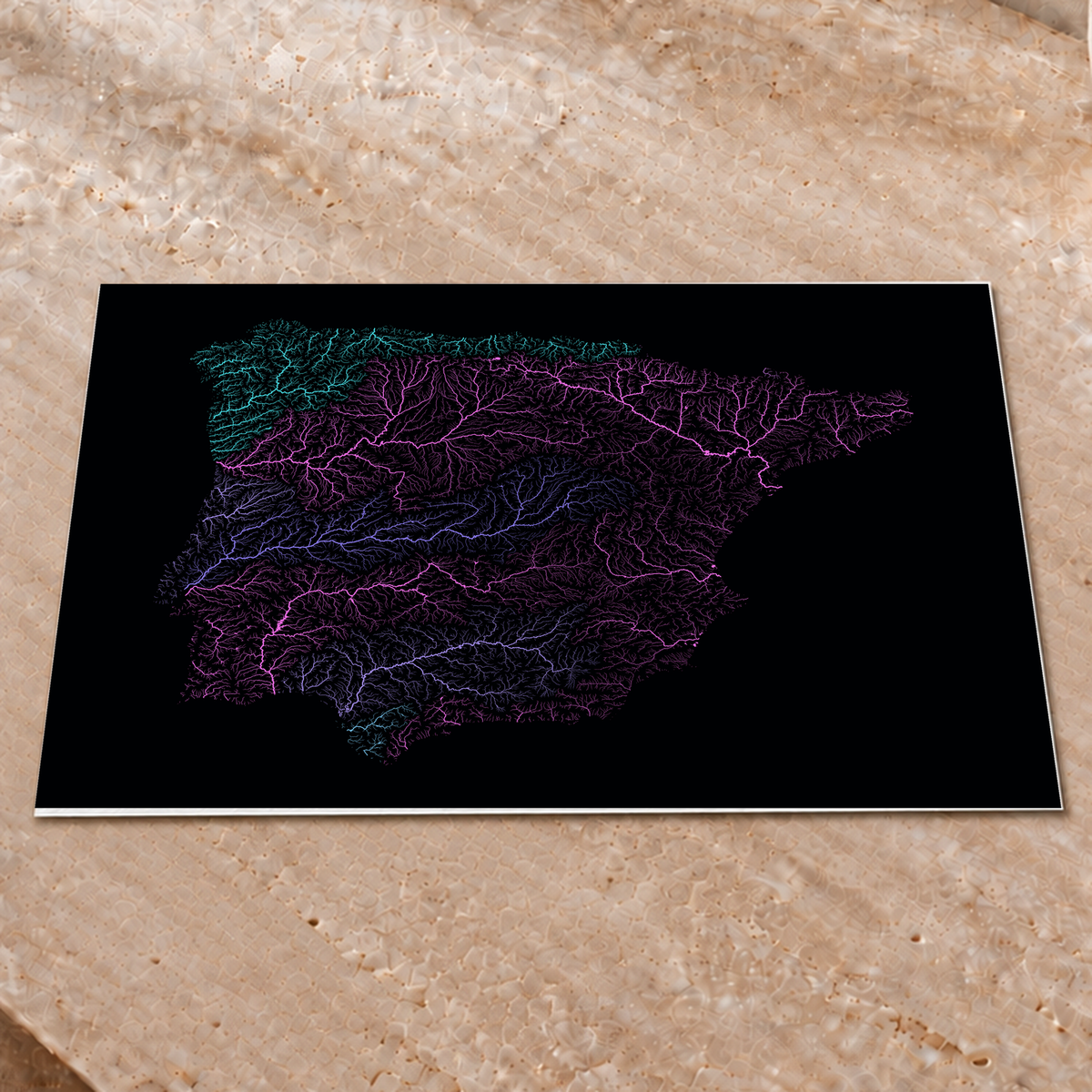 Beautiful Rivers — Península Ibérica — Neon hidrográfico, Impressão fine art · 45 × 60 cm, Sem margem