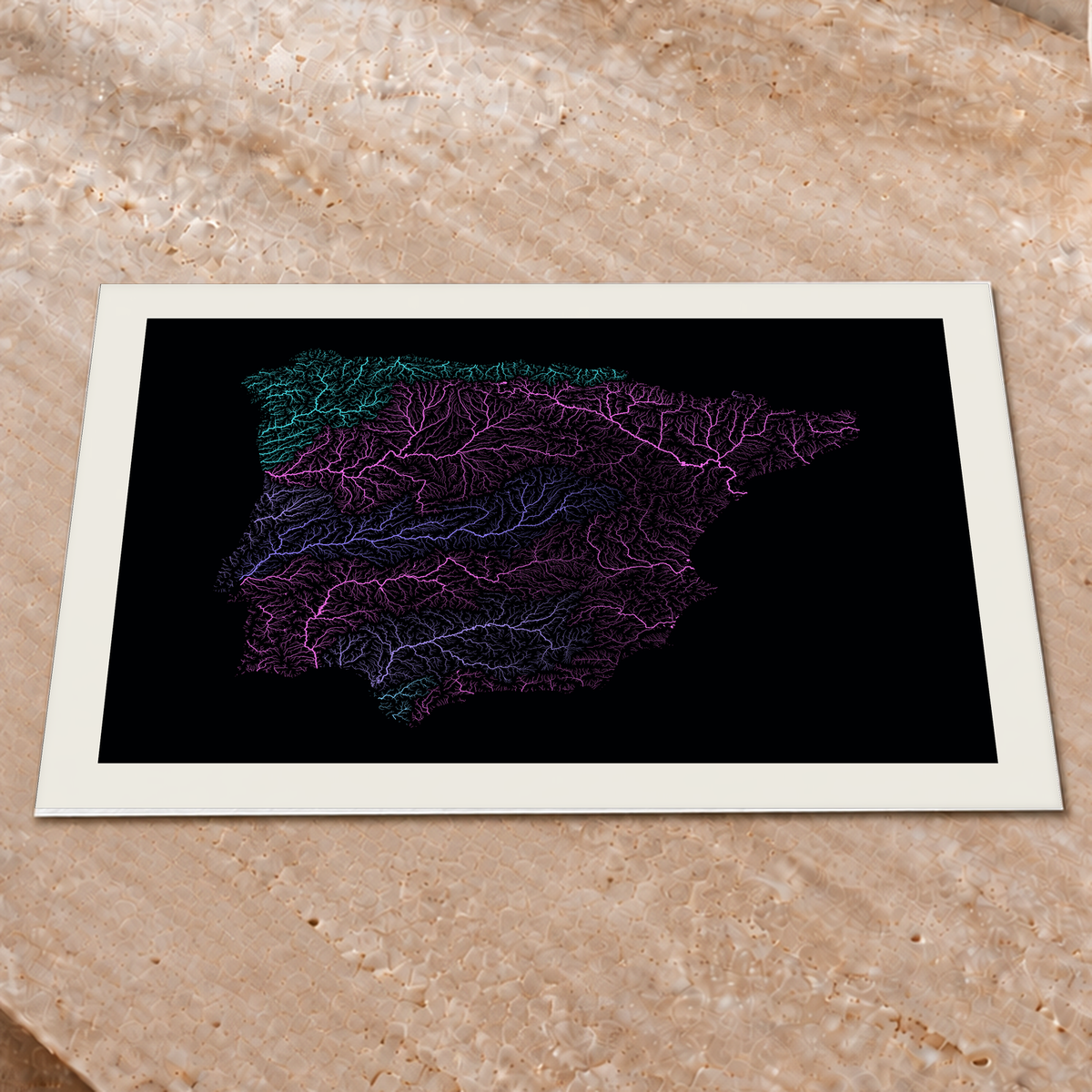 Beautiful Rivers — Península Ibérica — Neon hidrográfico, Impressão fine art · 45 × 60 cm, Margem branca