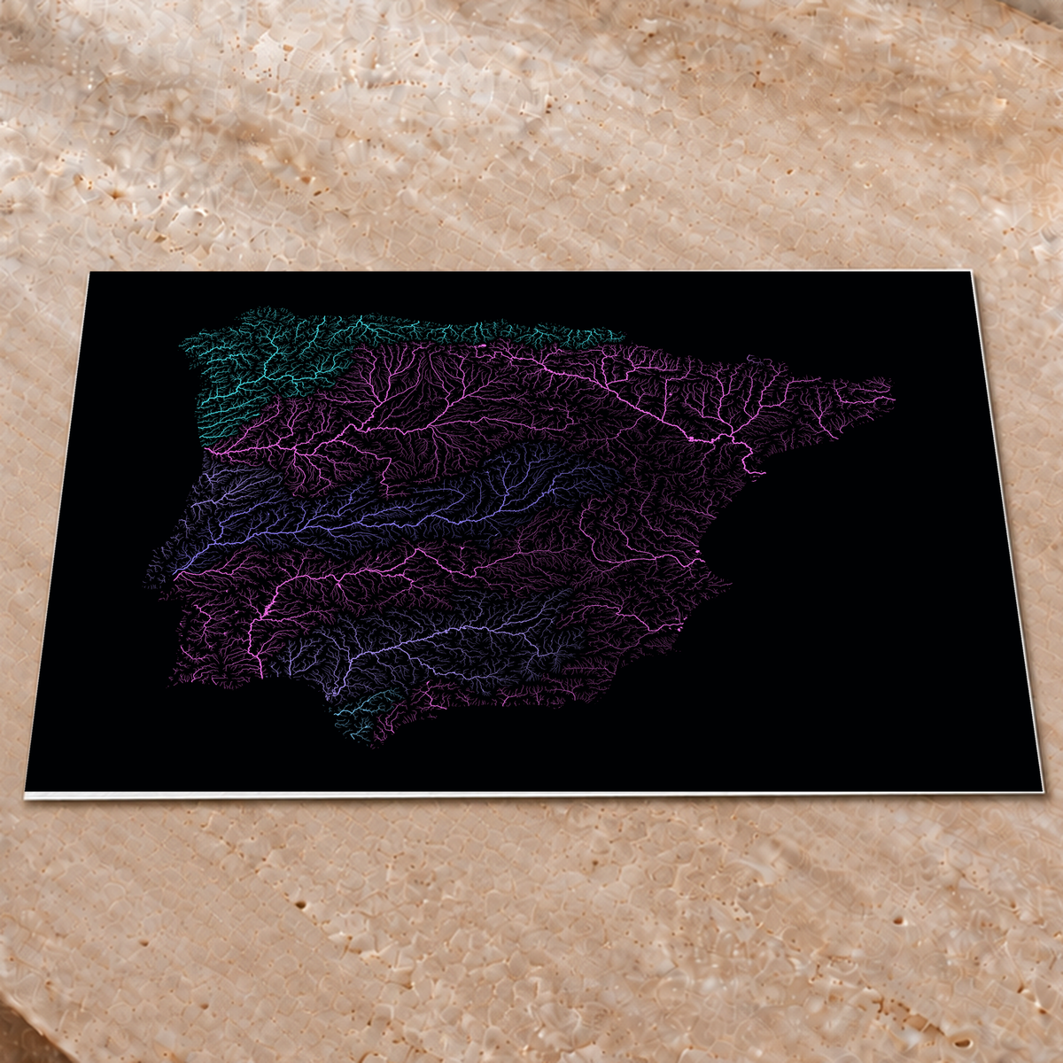 Beautiful Rivers — Península Ibérica — Neon hidrográfico, Impressão fine art · 60 × 80 cm, Sem margem