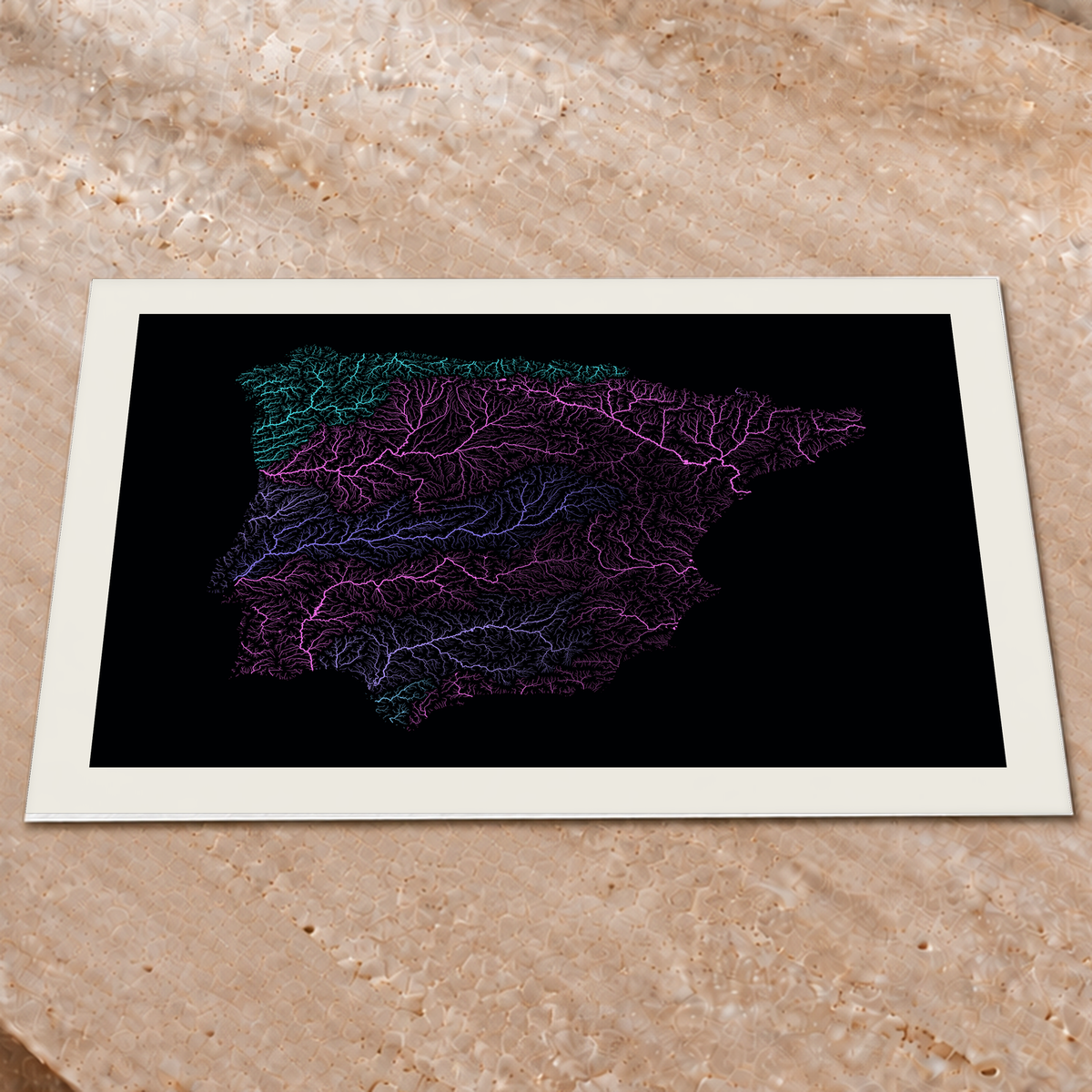 Beautiful Rivers — Península Ibérica — Neon hidrográfico, Impressão fine art · 60 × 80 cm, Margem branca