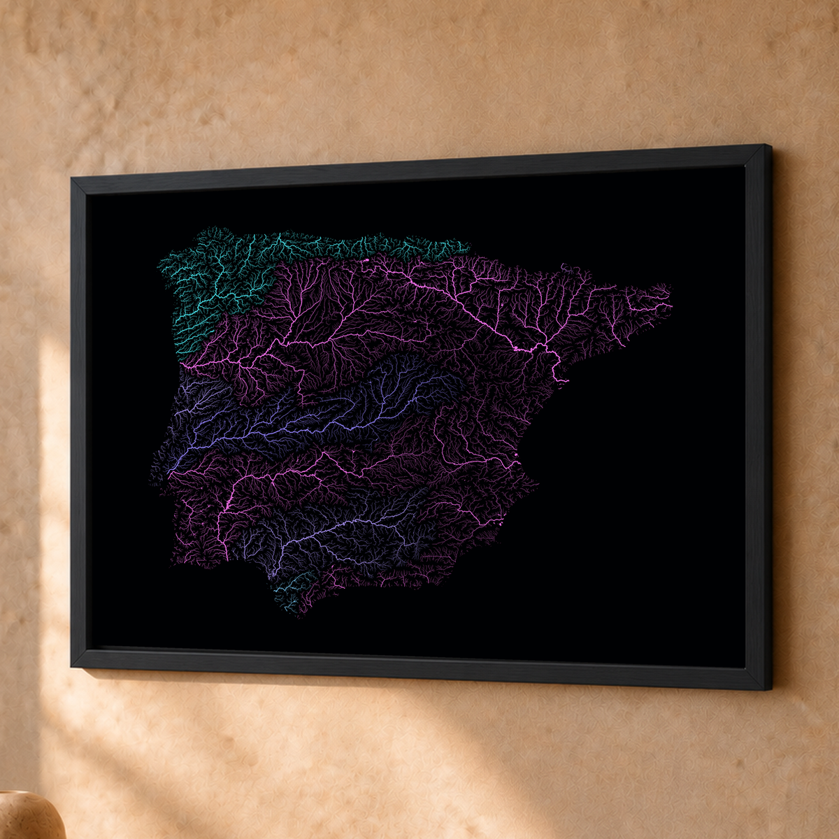 Beautiful Rivers — Península Ibérica — Neon hidrográfico, Fine art emoldurado · 30 × 40 cm, Preto · Sem margem