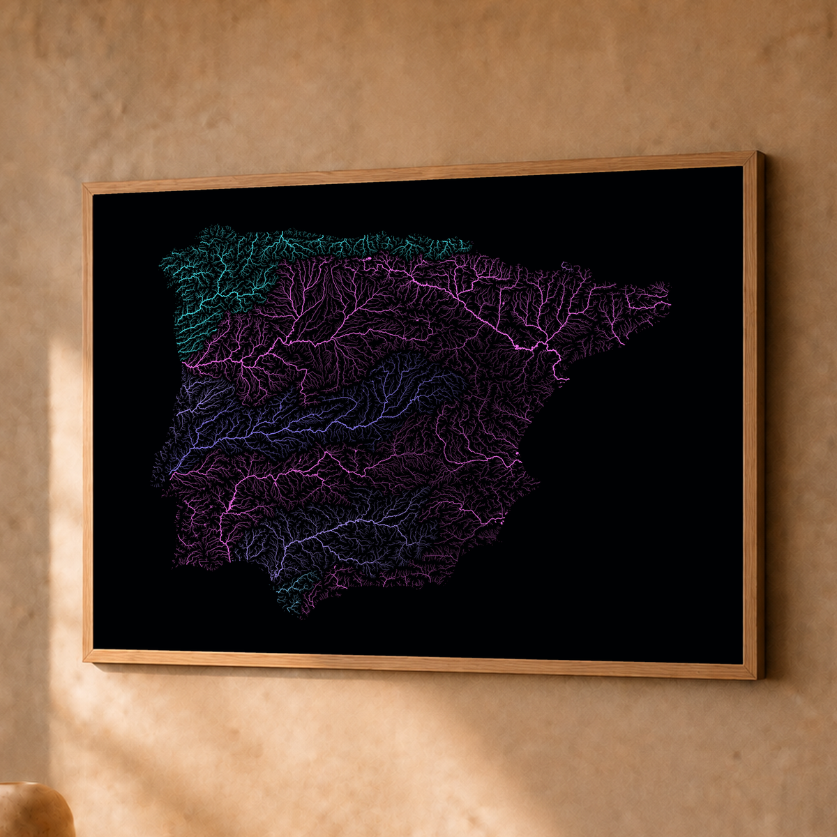 Beautiful Rivers — Península Ibérica — Neon hidrográfico, Fine art emoldurado · 30 × 40 cm, Natural · Sem margem