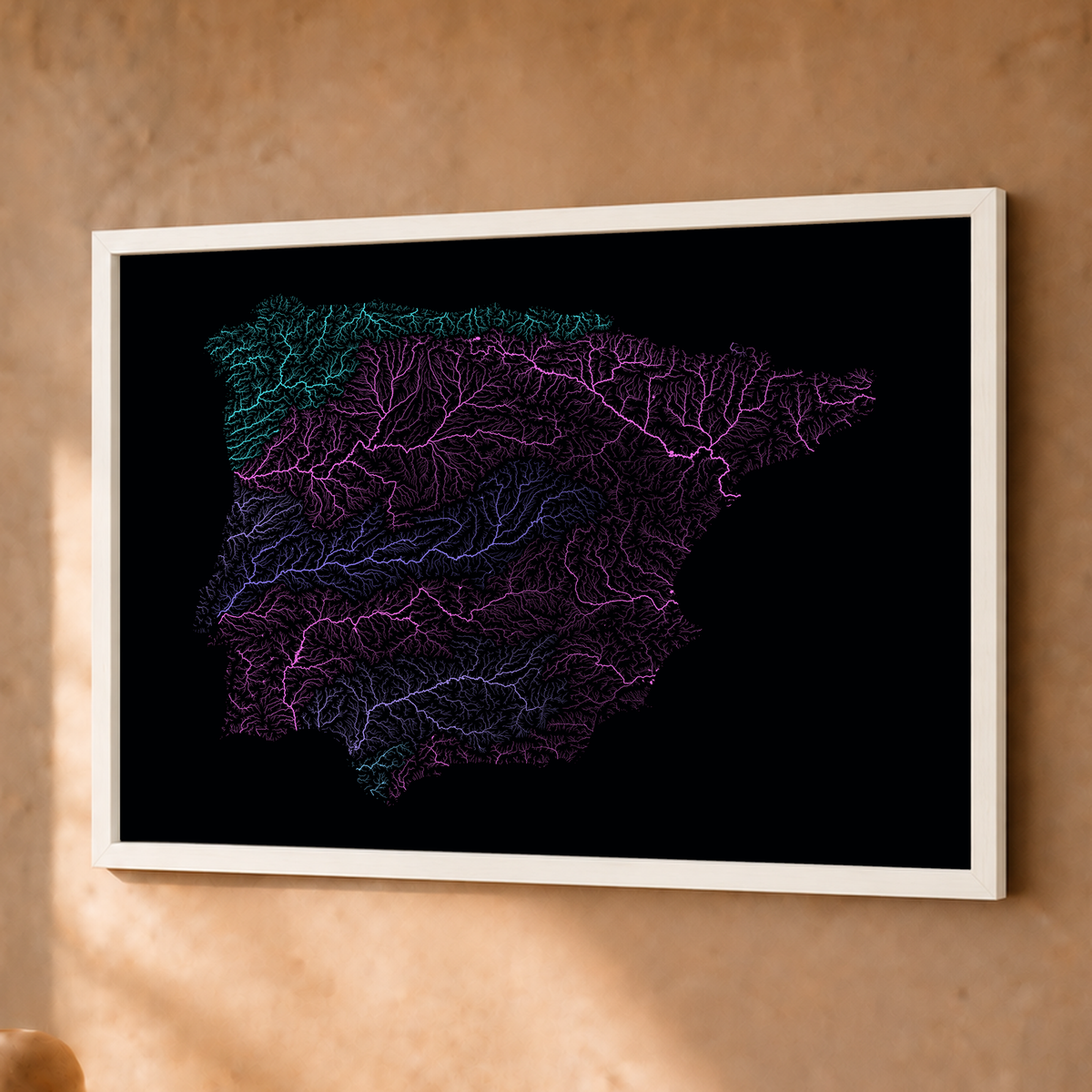 Beautiful Rivers — Península Ibérica — Neon hidrográfico, Fine art emoldurado · 30 × 40 cm, Branco · Sem margem