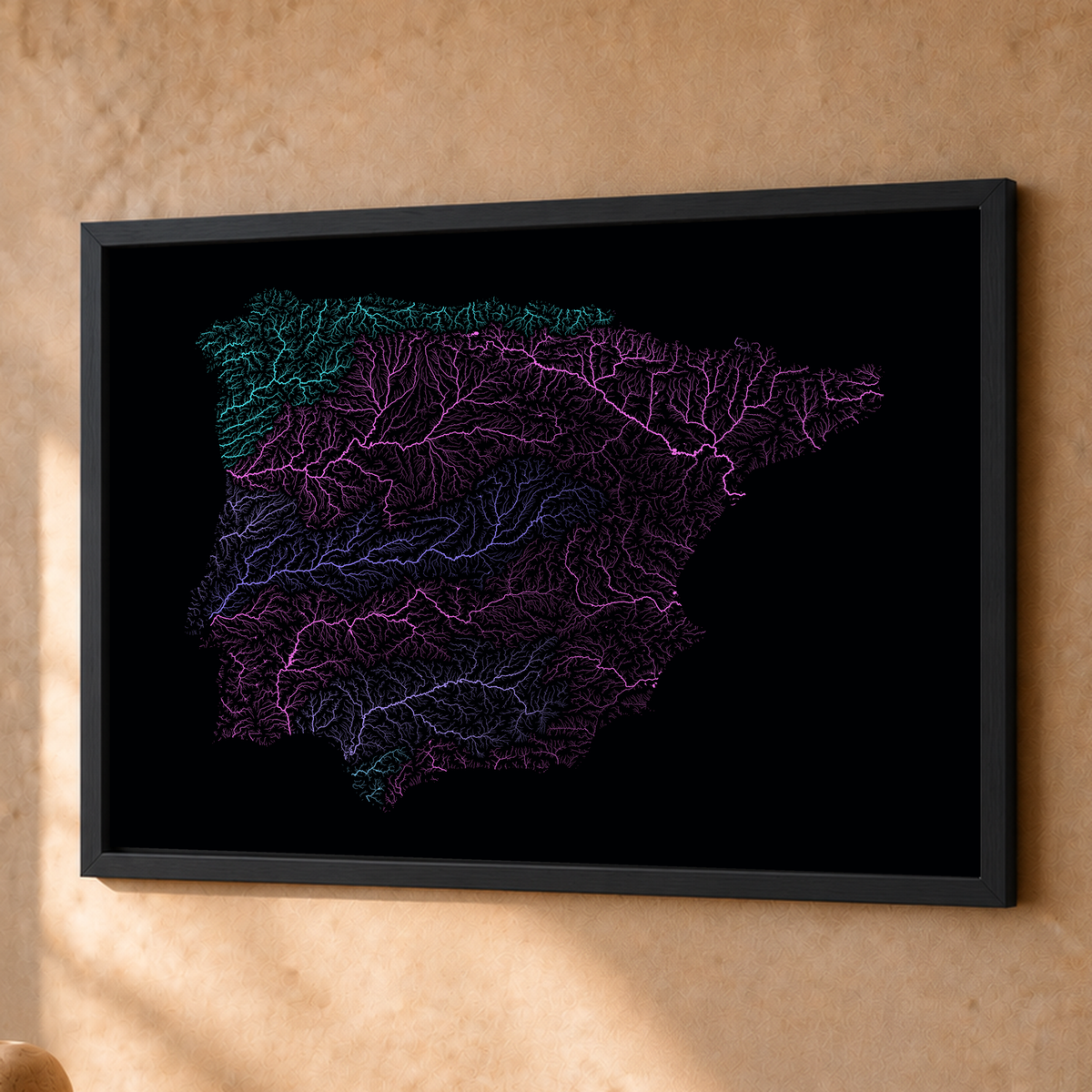 Beautiful Rivers — Península Ibérica — Neon hidrográfico, Fine art emoldurado · 45 × 60 cm, Preto · Sem margem