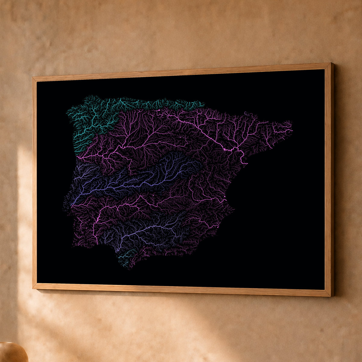 Beautiful Rivers — Península Ibérica — Neon hidrográfico, Fine art emoldurado · 45 × 60 cm, Natural · Sem margem