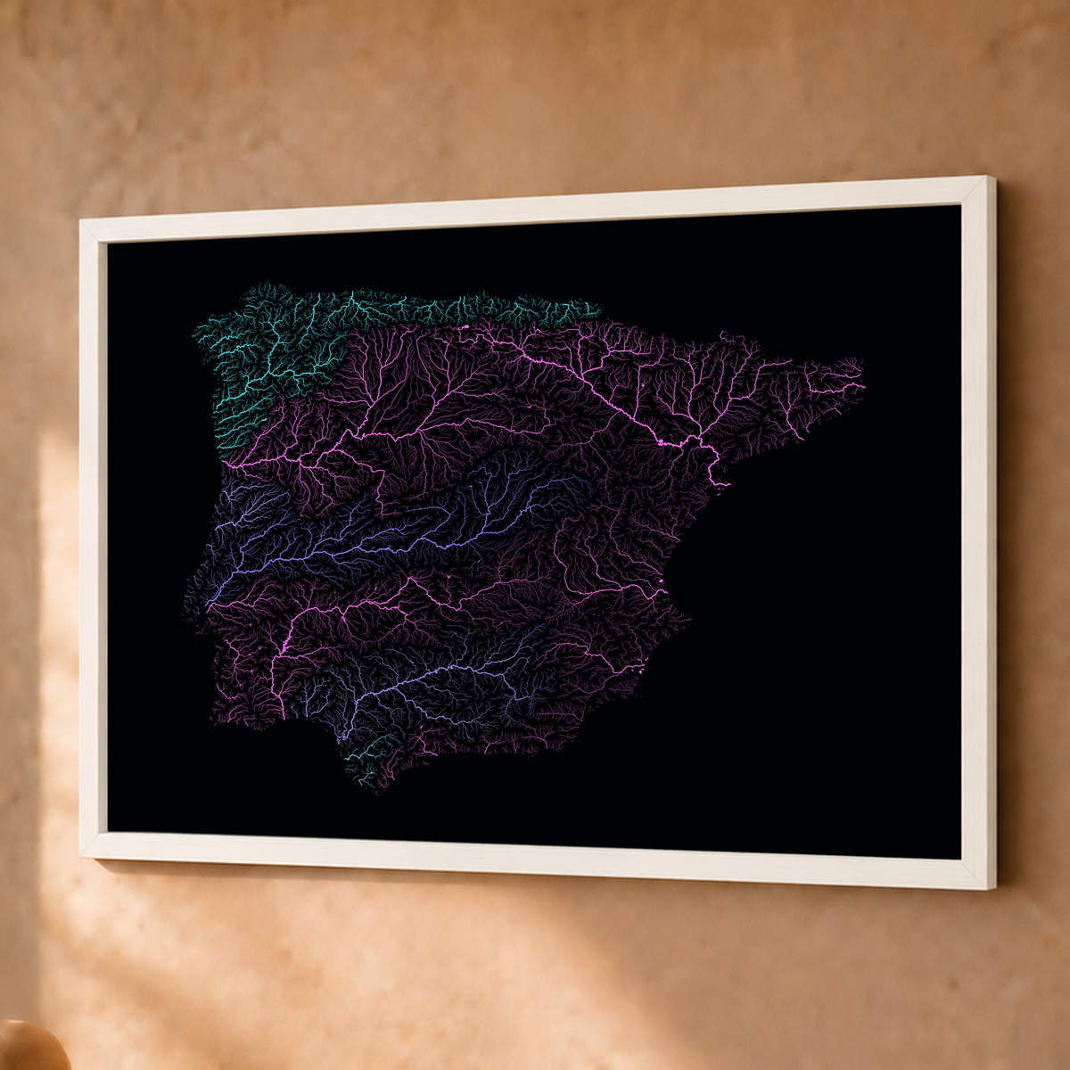 Beautiful Rivers — Península Ibérica — Neon hidrográfico, Fine art emoldurado · 45 × 60 cm, Branco · Sem margem