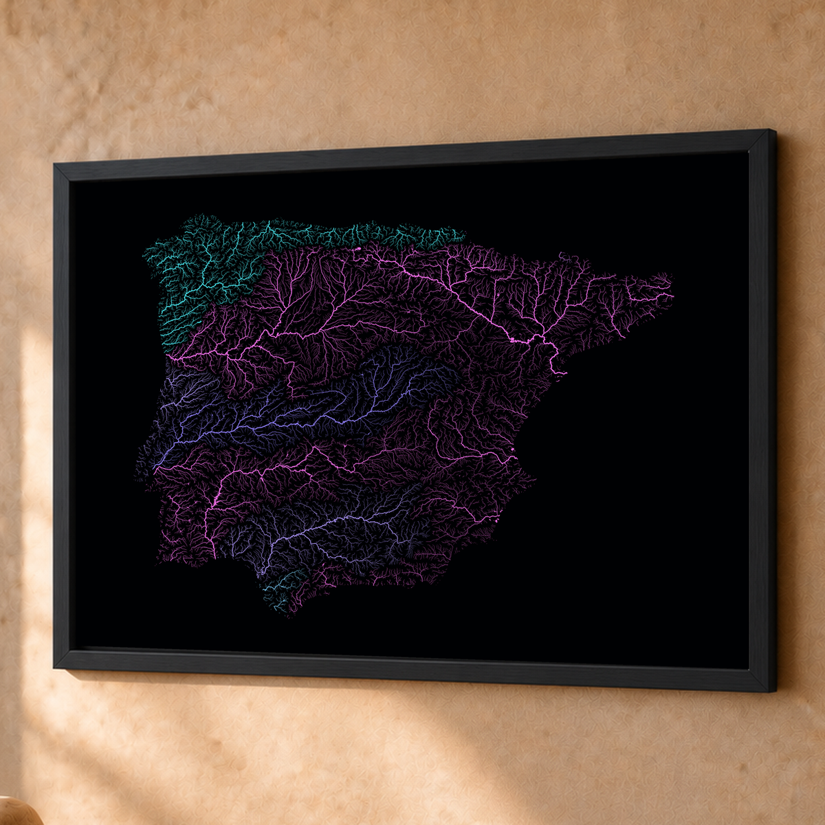 Beautiful Rivers — Península Ibérica — Neon hidrográfico, Fine art emoldurado · 60 × 80 cm, Preto · Sem margem