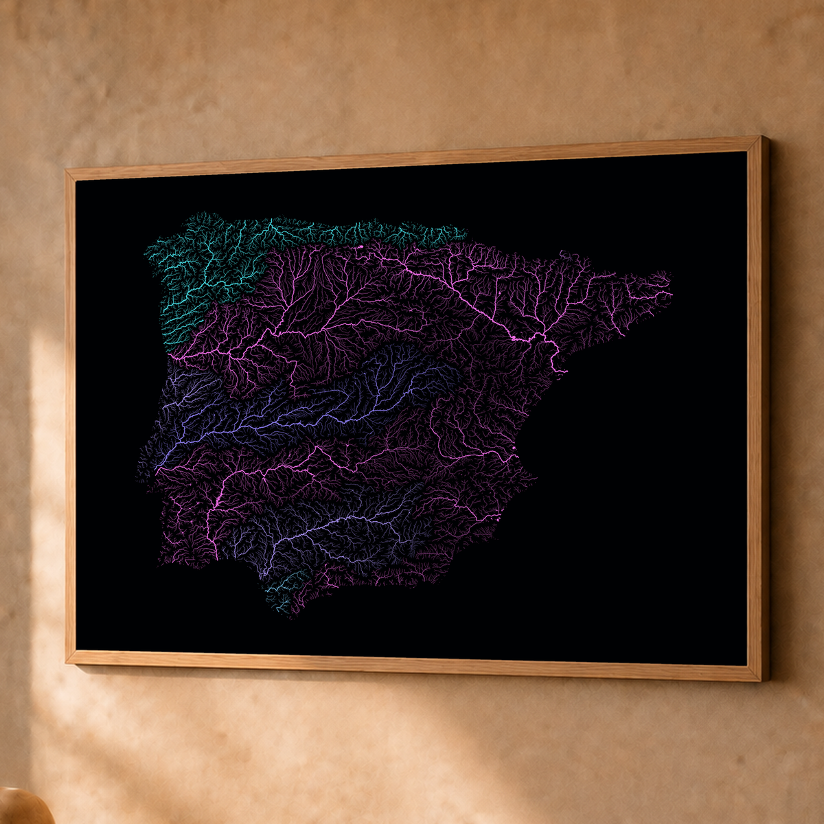 Beautiful Rivers — Península Ibérica — Neon hidrográfico, Fine art emoldurado · 60 × 80 cm, Natural · Sem margem